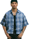 Verdusa Men's Plaid Checkered Cropped Shirt Button Up Drop Shoulder Boxy Crop Tops Streetwear Blue Multicolor Small