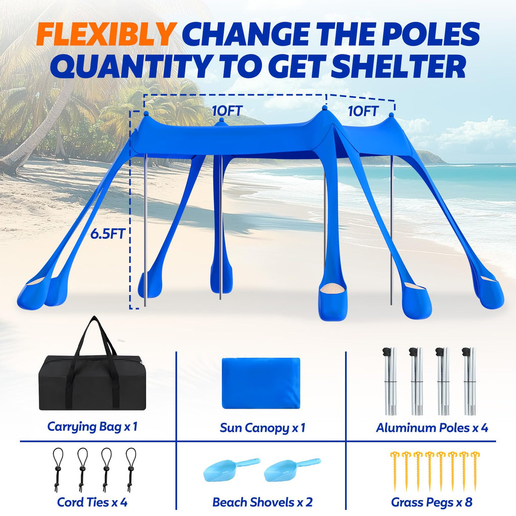 FAHKNS Beach Tent, Camping Sun Shade UPF50+ with 8 Sandbags, Sand Shovel, Ground Spikes and Stabilizer Poles, 10x10ft Beach Sunshade, Beach Tent for Camping, Fishing and Picnicking (Blue)
