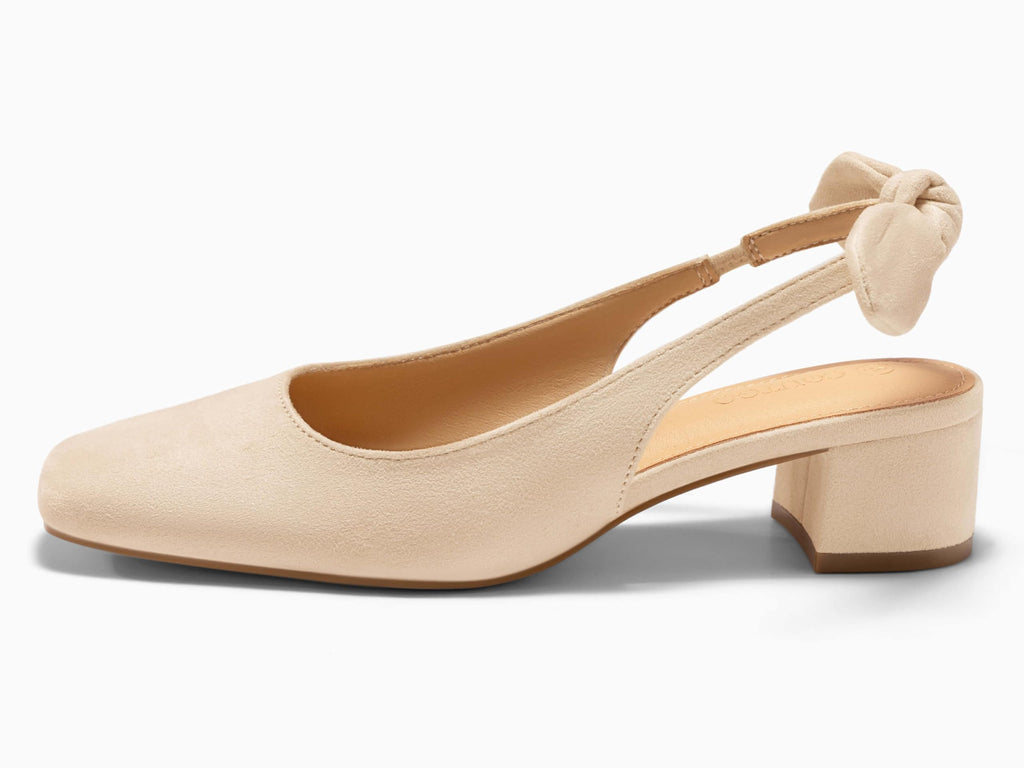 Coutgo Womens Chunky Low Heels Bow Slingback Pumps Closed Square Toe Wedding Party Dress Shoes, Apricot, Size 6