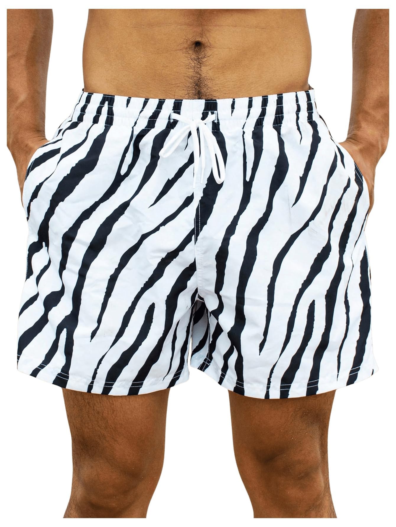 WDIRARA Men's Zebra Stripe Drawstring Waist Swim Trunks Beach Shorts Sports Running Bathing Suits with Mesh Lining Black and White Medium