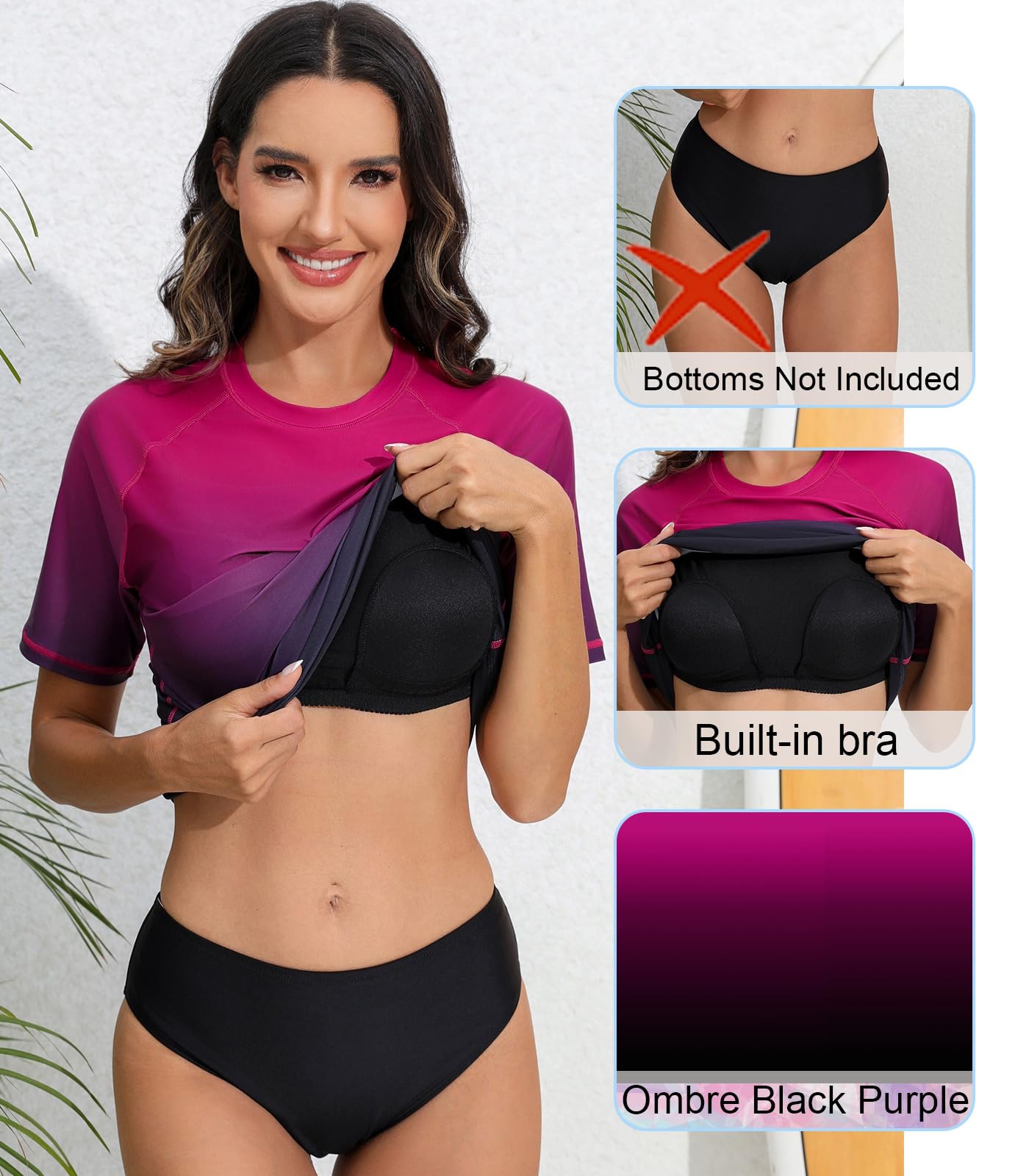 Halcurt Women's Short Sleeve Rash Guard Swimsuit Top with Built in Bra Swim Shirt UPF50+ Quick Dry Bathing Suit Ombre Black Purple XL