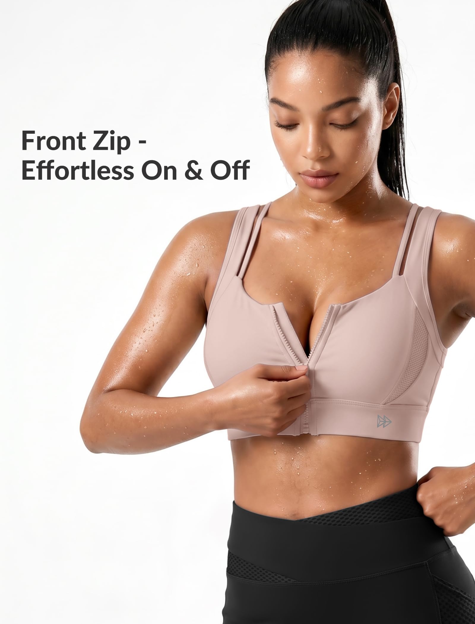 Yvette Front Zip Sports Bra for Women High Support Bow-Back,Pink,XXL D/DDD