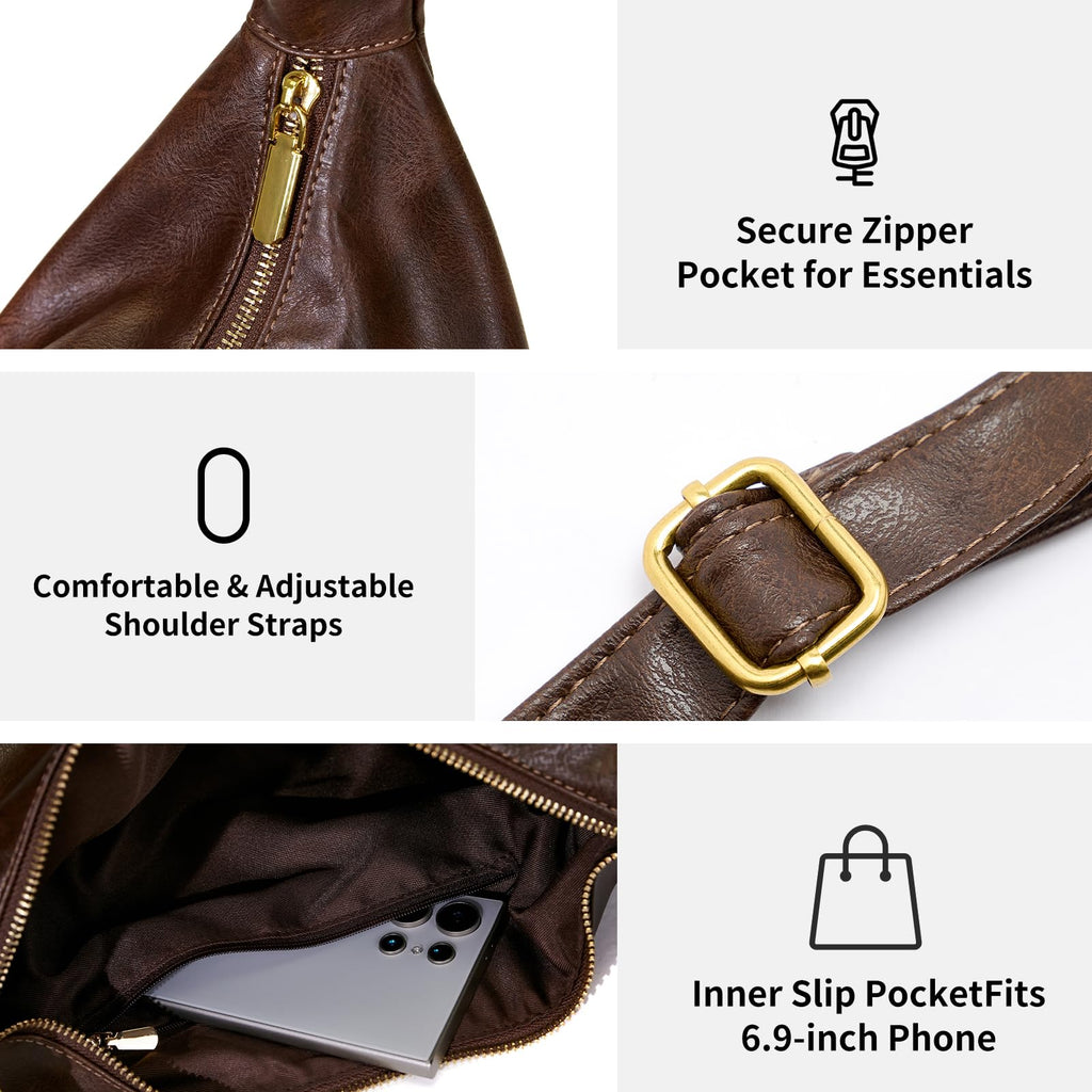 celestina Hobo Bags for Women, Ultra Soft Foldable Vegan Leather Shoulder Handbag, Stylish Slouchy Tote Purses (Brown)