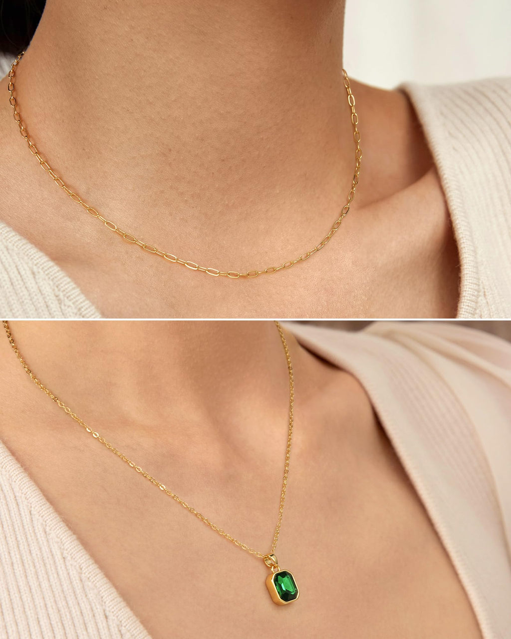 ACECHA Gold Layered Necklaces for Women, 18k Gold Plated Paperclip Chain Choker Necklace with Rectangle Crystal Birthstone Pendant Dainty Emerald Green Jewelry Gifts (Emerald)