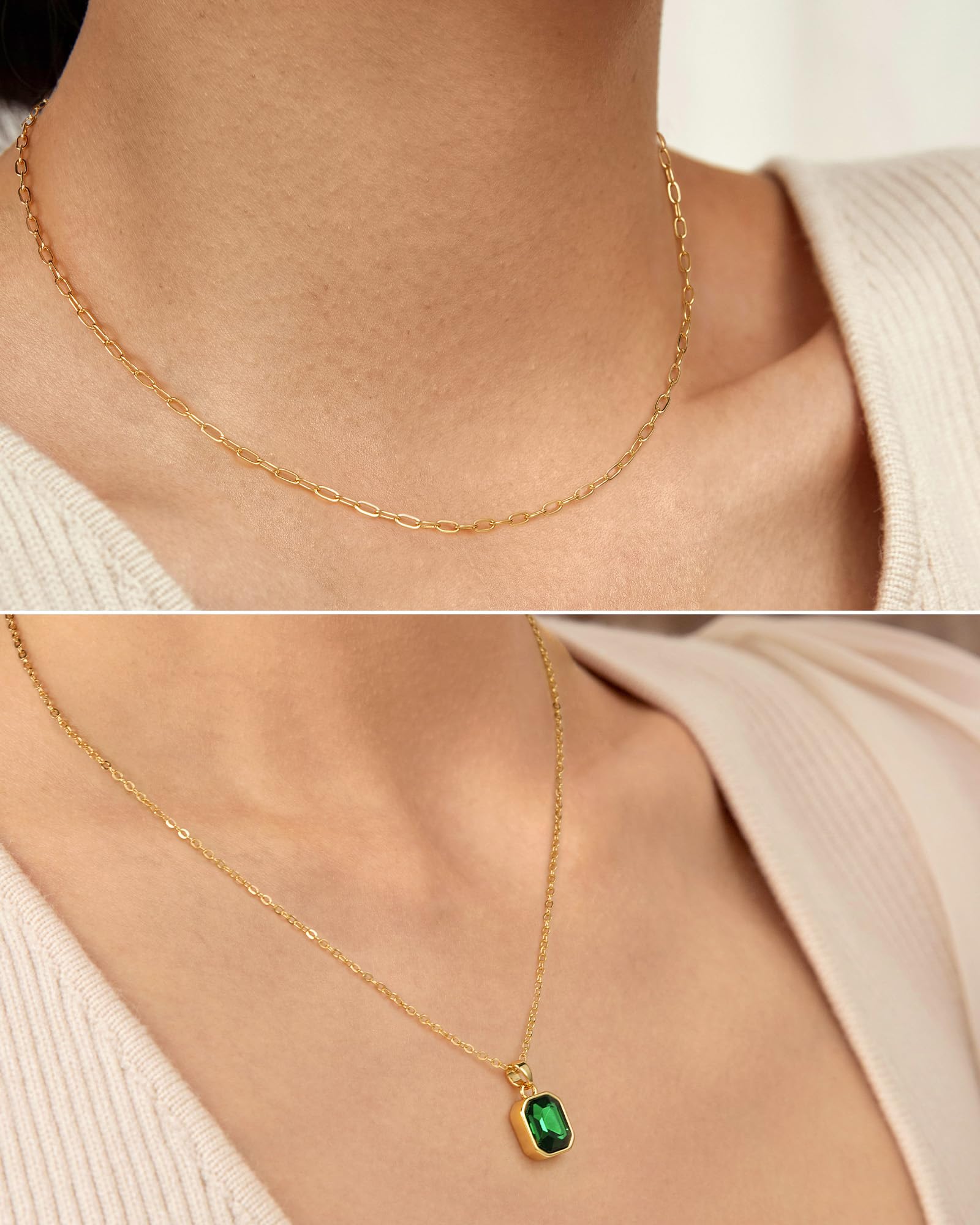 ACECHA Gold Layered Necklaces for Women, 18k Gold Plated Paperclip Chain Choker Necklace with Rectangle Crystal Birthstone Pendant Dainty Emerald Green Jewelry Gifts (Emerald)