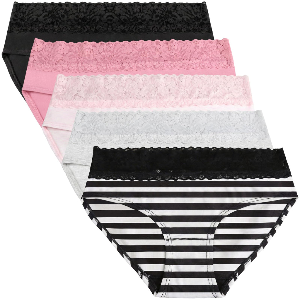 LYYTHAVON Women's Cotton Underwear Lace Soft Breathable Brief Ladies Panties 5 Pack (Multicolored A, 5 Pack, Medium)