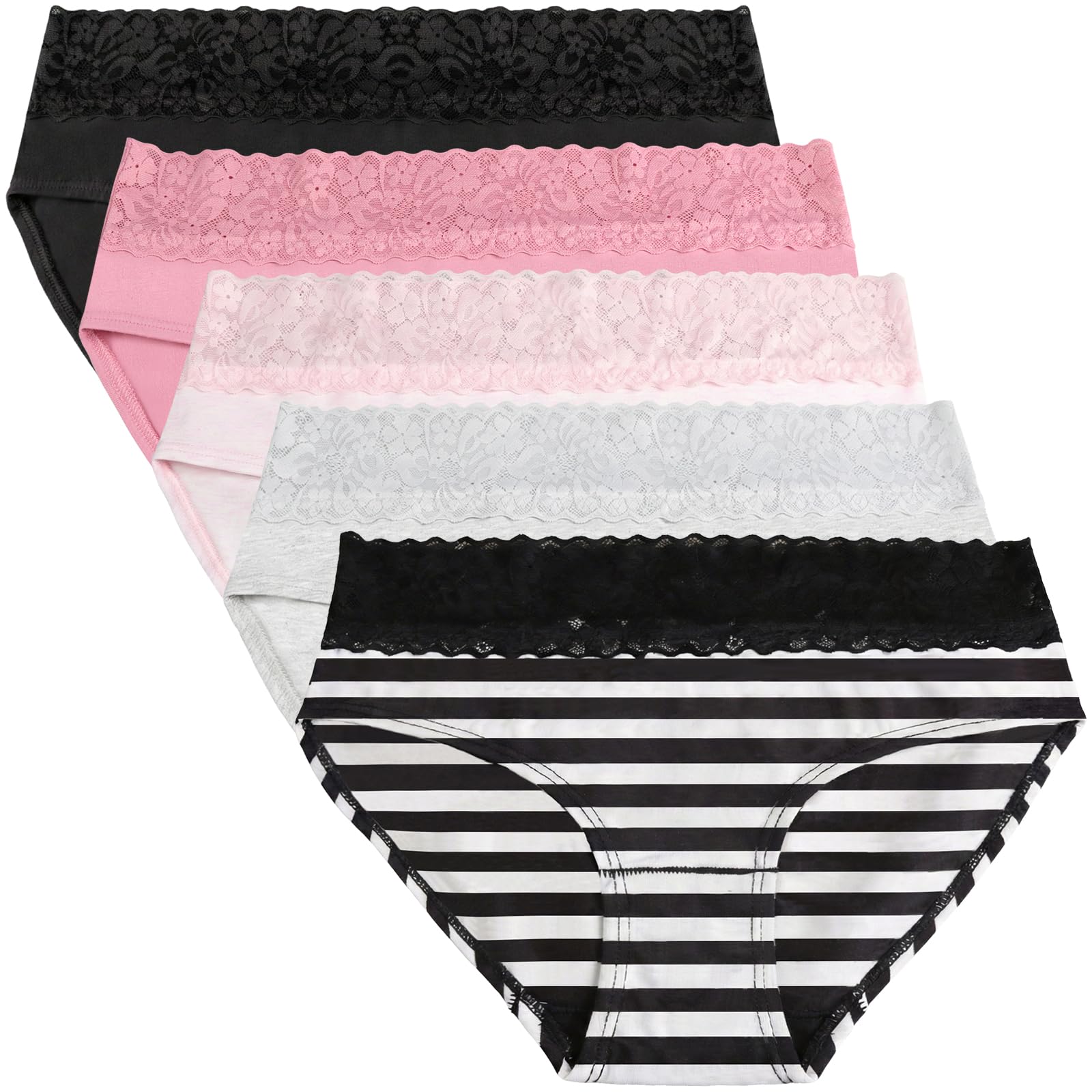 LYYTHAVON Women's Cotton Underwear Lace Soft Breathable Brief Ladies Panties 5 Pack (Multicolored A, 5 Pack, Medium)