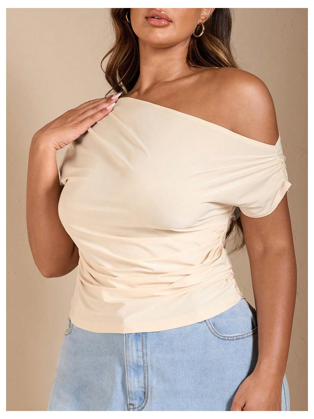 WDIRARA Women's Plus Size Off Shoulder Tee Shirt Ruched Asymmetrical Short Sleeve Tops Apricot X-Large Plus