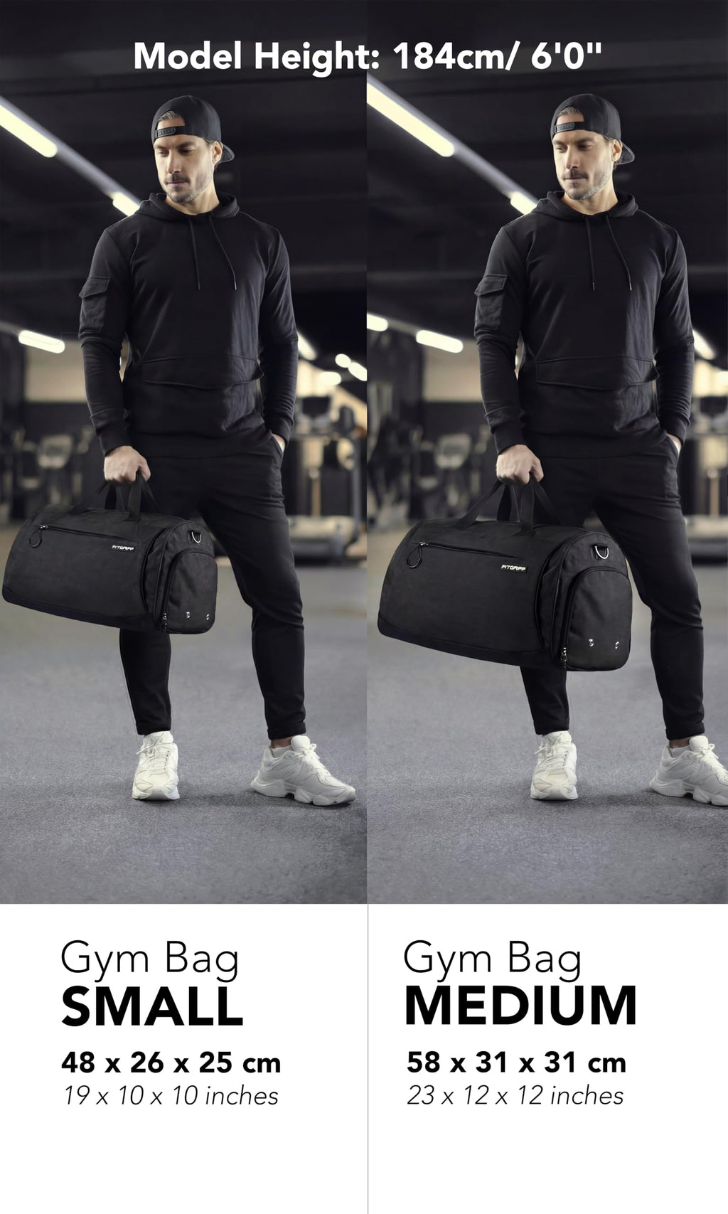 Fitgriff® Gym Bag for Men & Women with Shoe & Wet Compartment - Duffle Bag for Travel, Sports, Fitness & Workout (Full Black, 23 x 12 x 12″ (Medium))