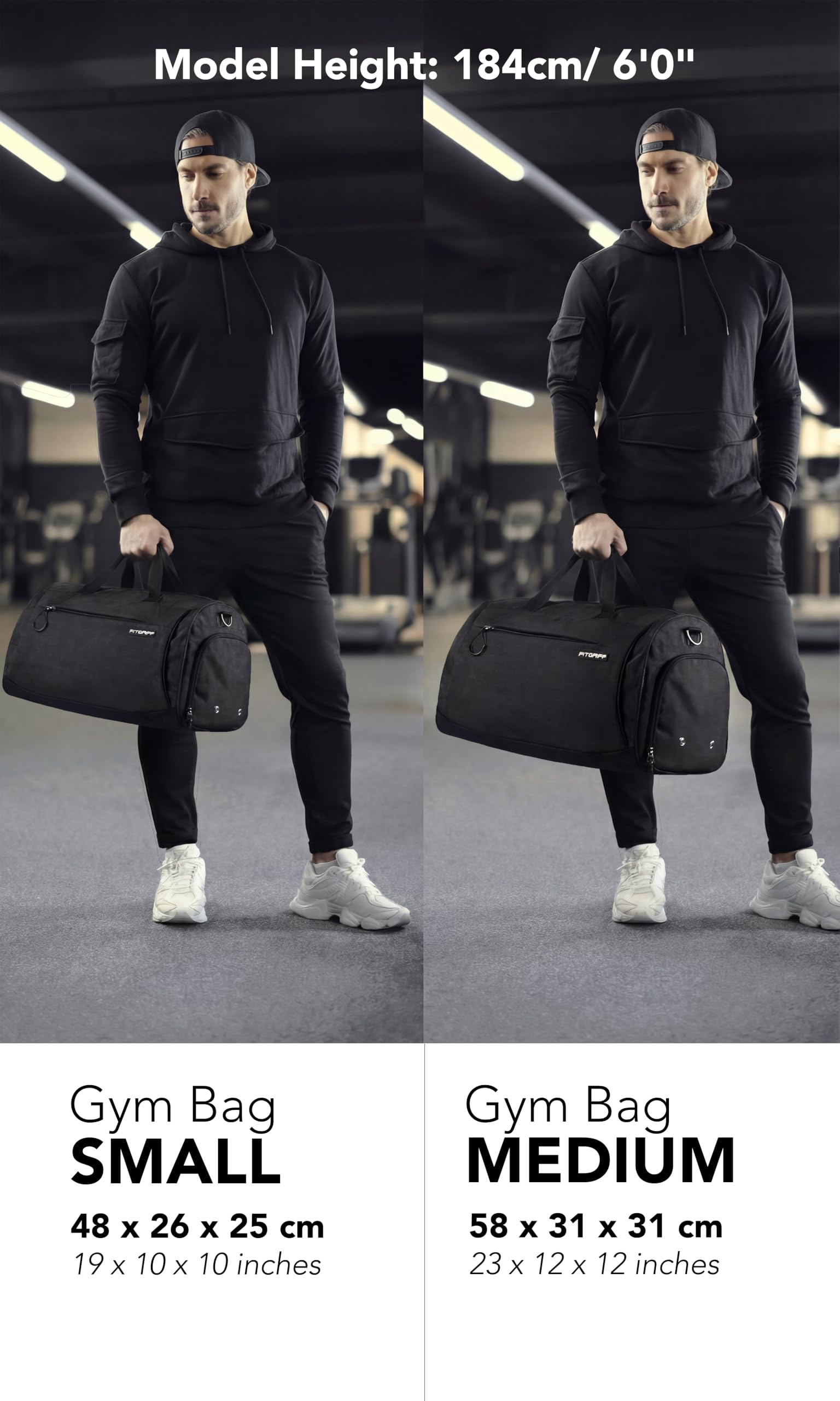 Fitgriff® Gym Bag for Men & Women with Shoe & Wet Compartment - Duffle Bag for Travel, Sports, Fitness & Workout (Full Black, 23 x 12 x 12″ (Medium))