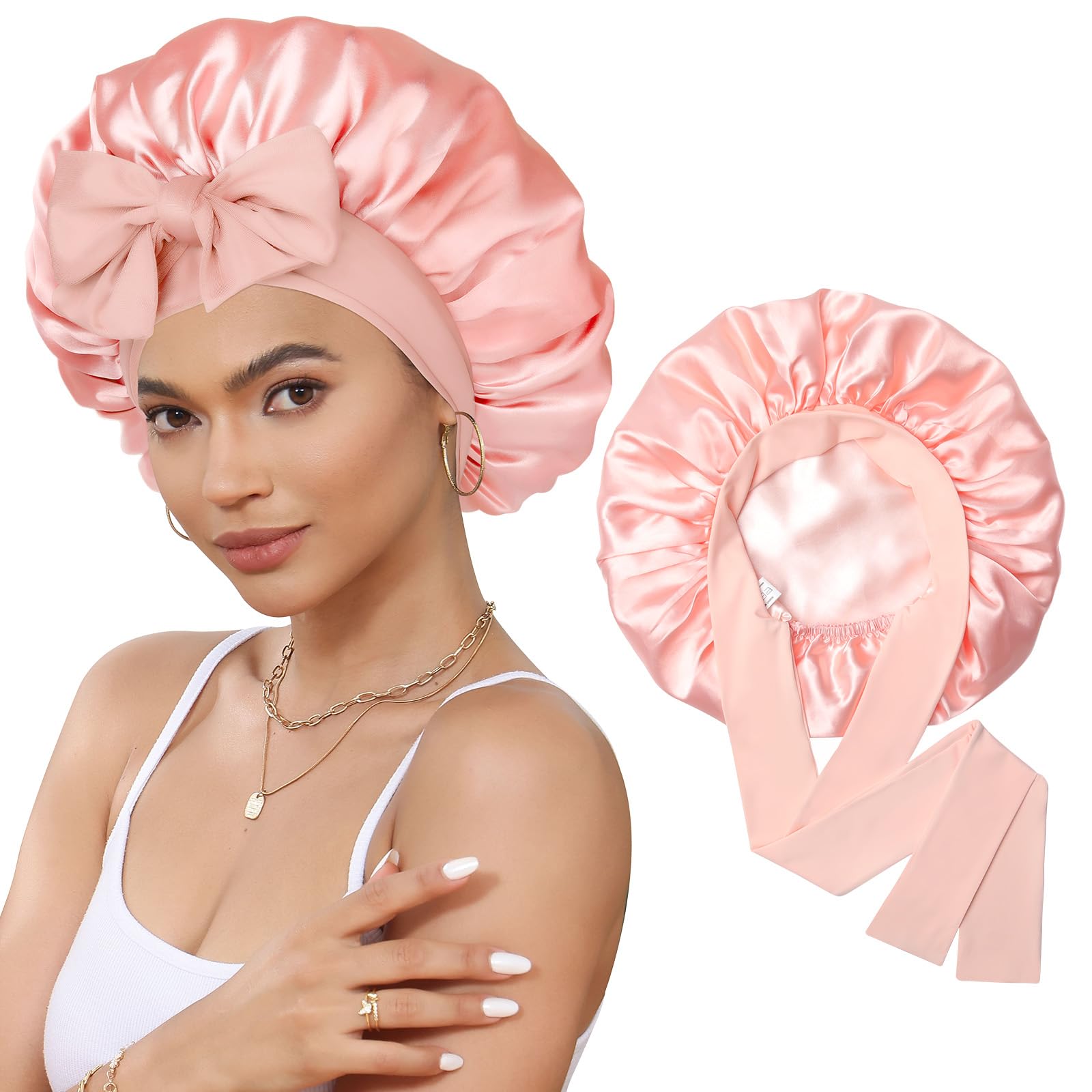Satin Bonnet Silk Bonnet for Sleeping Silk Sleep Cap Double Layer Hair Bonnet with Elastic Tie Band for Curly Hair Night Cap