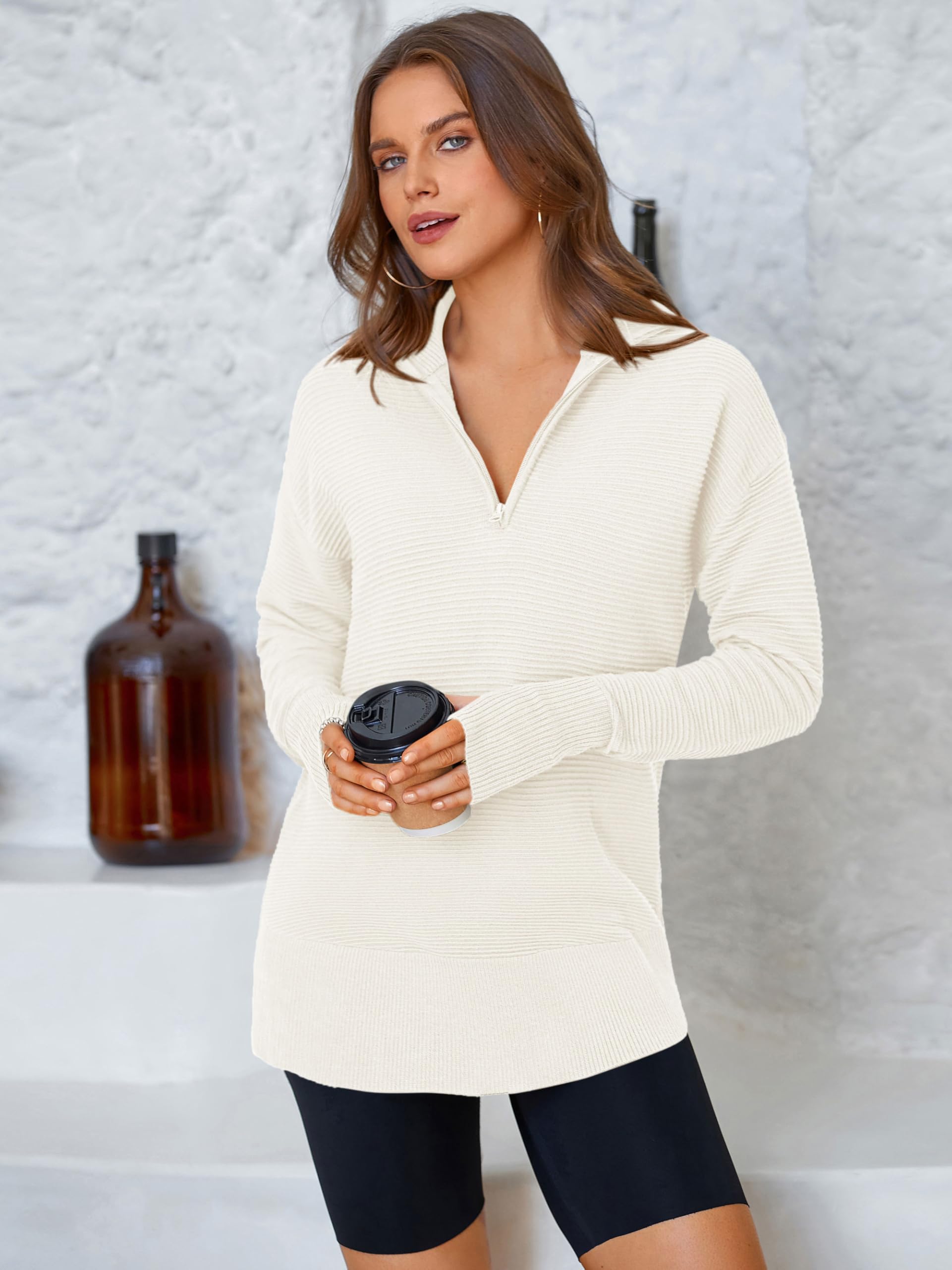 PRETTYGARDEN Womens Long Sleeve Quarter Zip Pullover Sweater Casual Loose V Neck Collared Ribbed Knit Jumper Tops Thumb Hole(White,Medium)