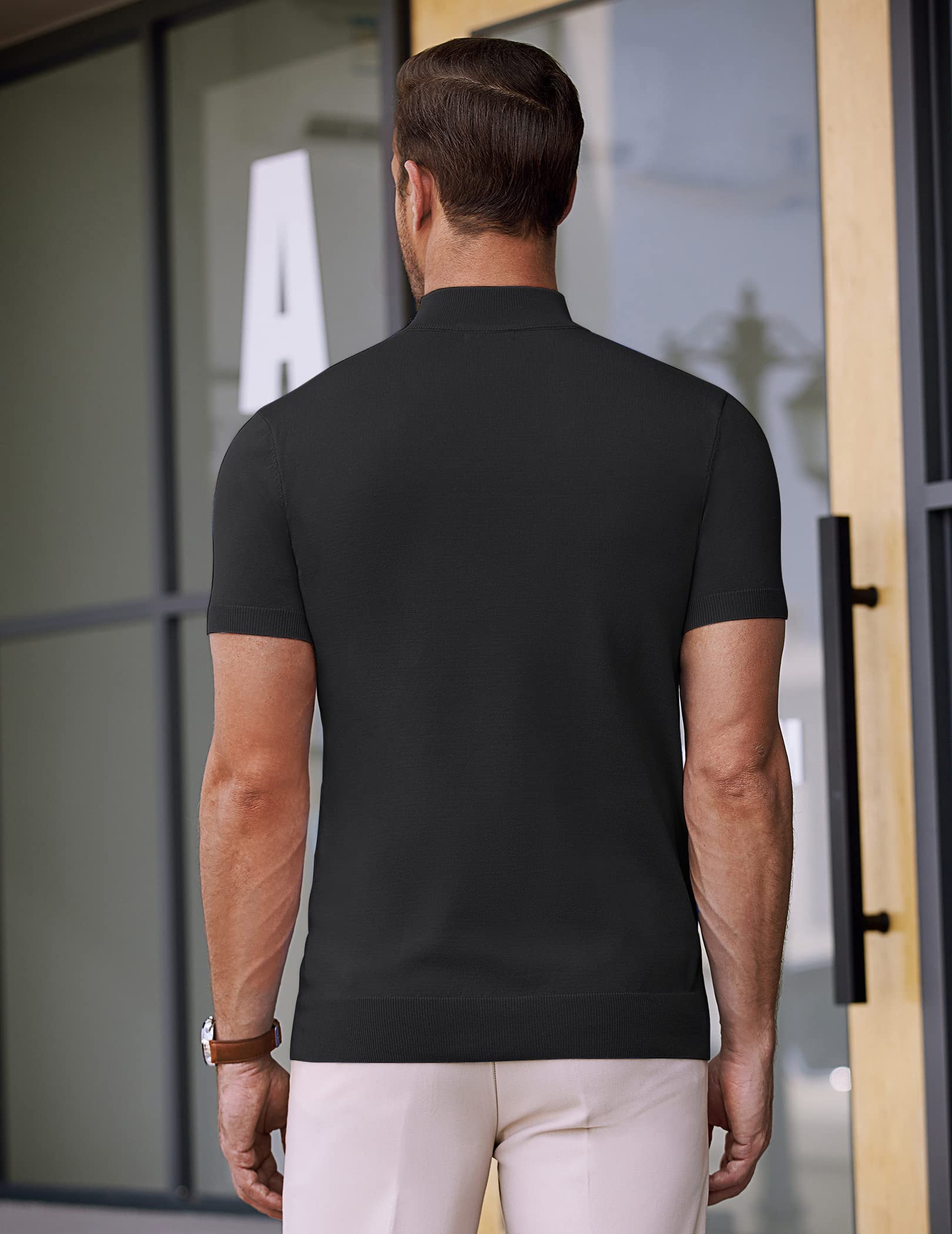 COOFANDY Mens Mock Neck Sweater Short Sleeve Black Turtleneck Pullover Sweater Fashion Slim Fit Knitted Thermal Underwear Tops All Black Small