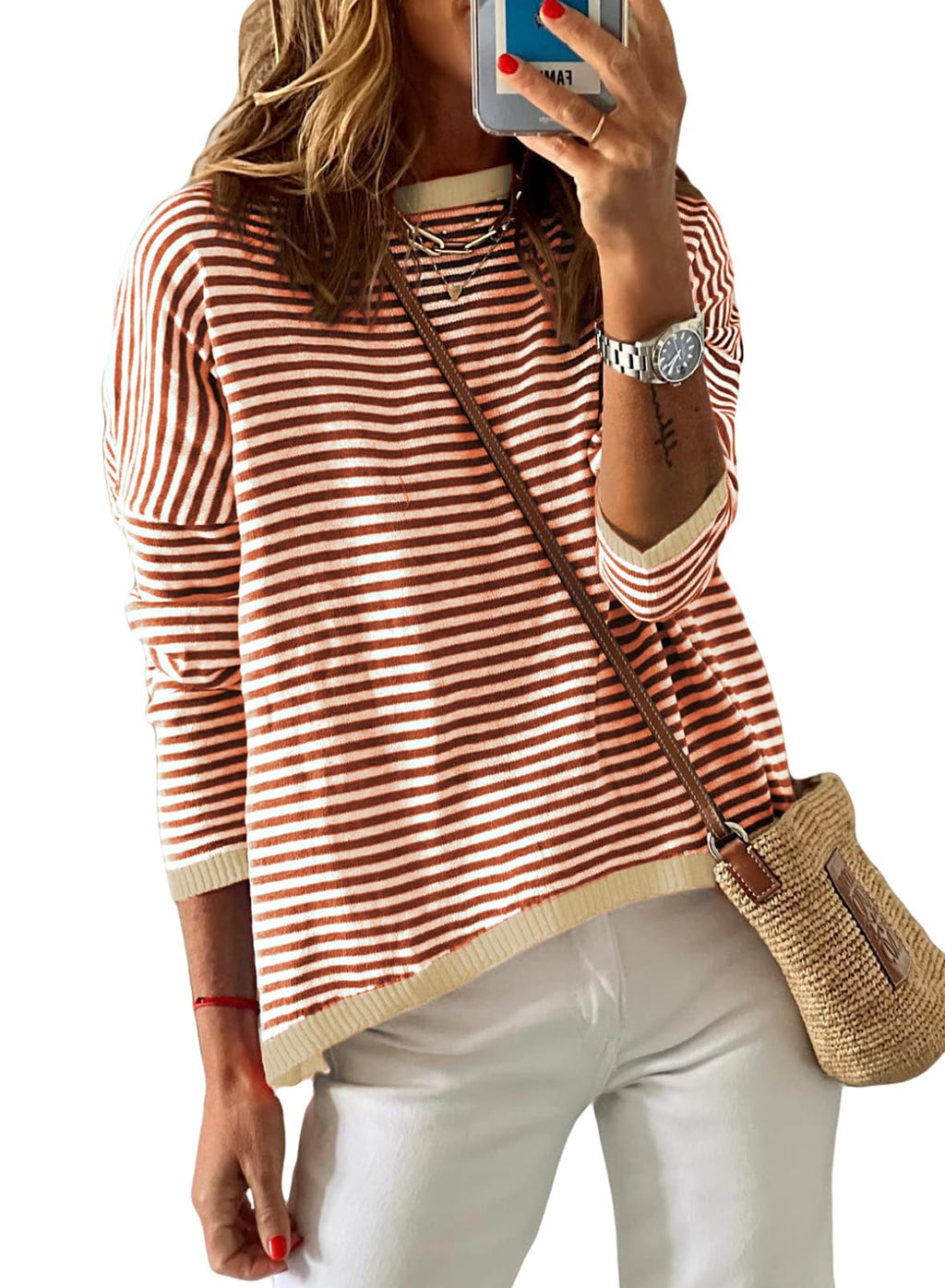 Dokotoo Women Cotton Sweaters Casual Crewneck Knitted Long Sleeve Shirts Autumn Trendy Striped Top Colorblock Pullover Sweater Jumper Fall Outfits Brown Medium