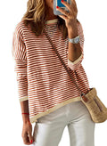 Dokotoo Women Cotton Sweaters Casual Crewneck Knitted Long Sleeve Shirts Autumn Trendy Striped Top Colorblock Pullover Sweater Jumper Fall Outfits Brown Medium