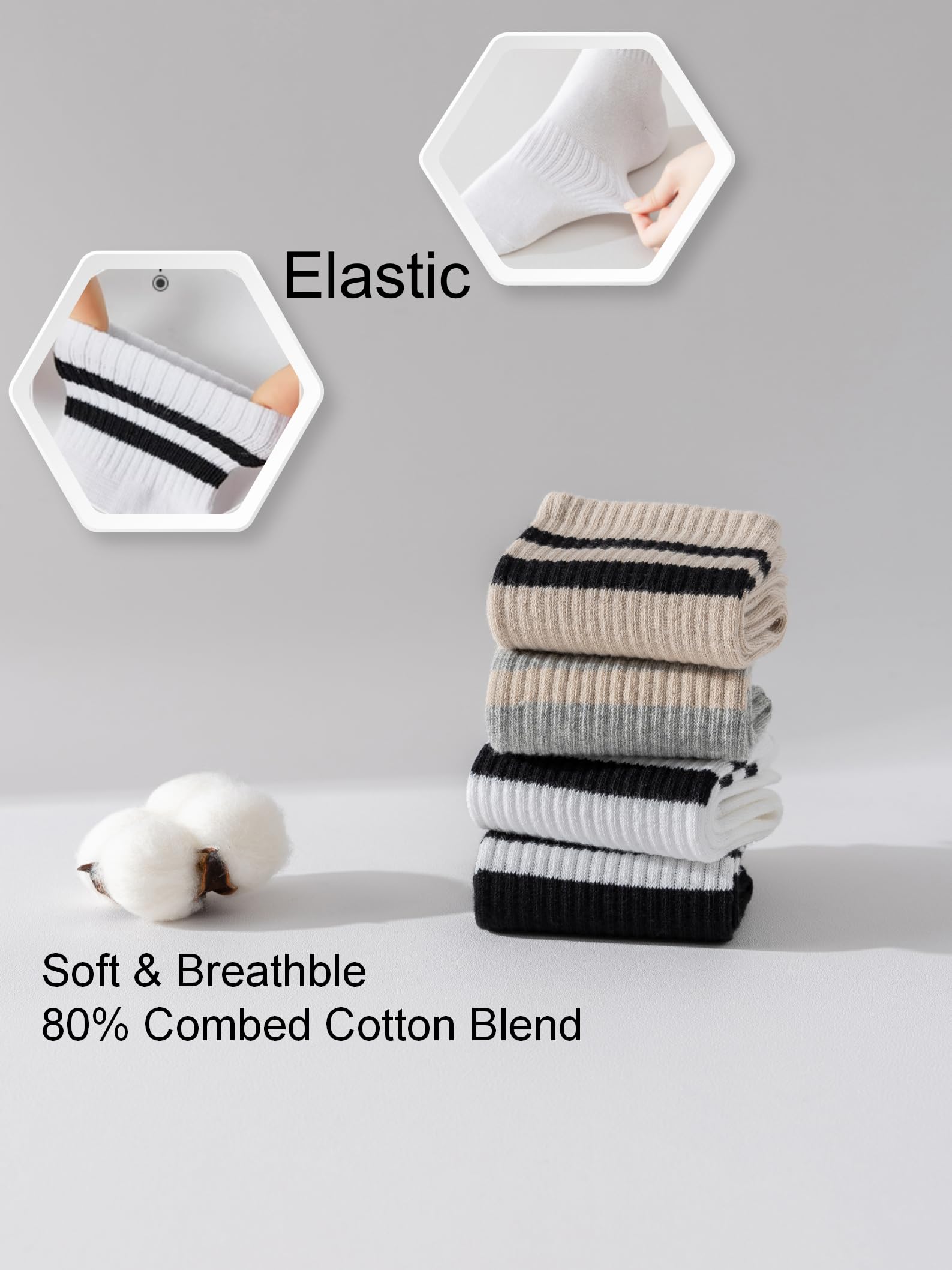 YUWELL Womens Striped Crew Socks, Cotton Cozy Casual Socks for Women 4 Pairs, Size 5-10,Mixcolor