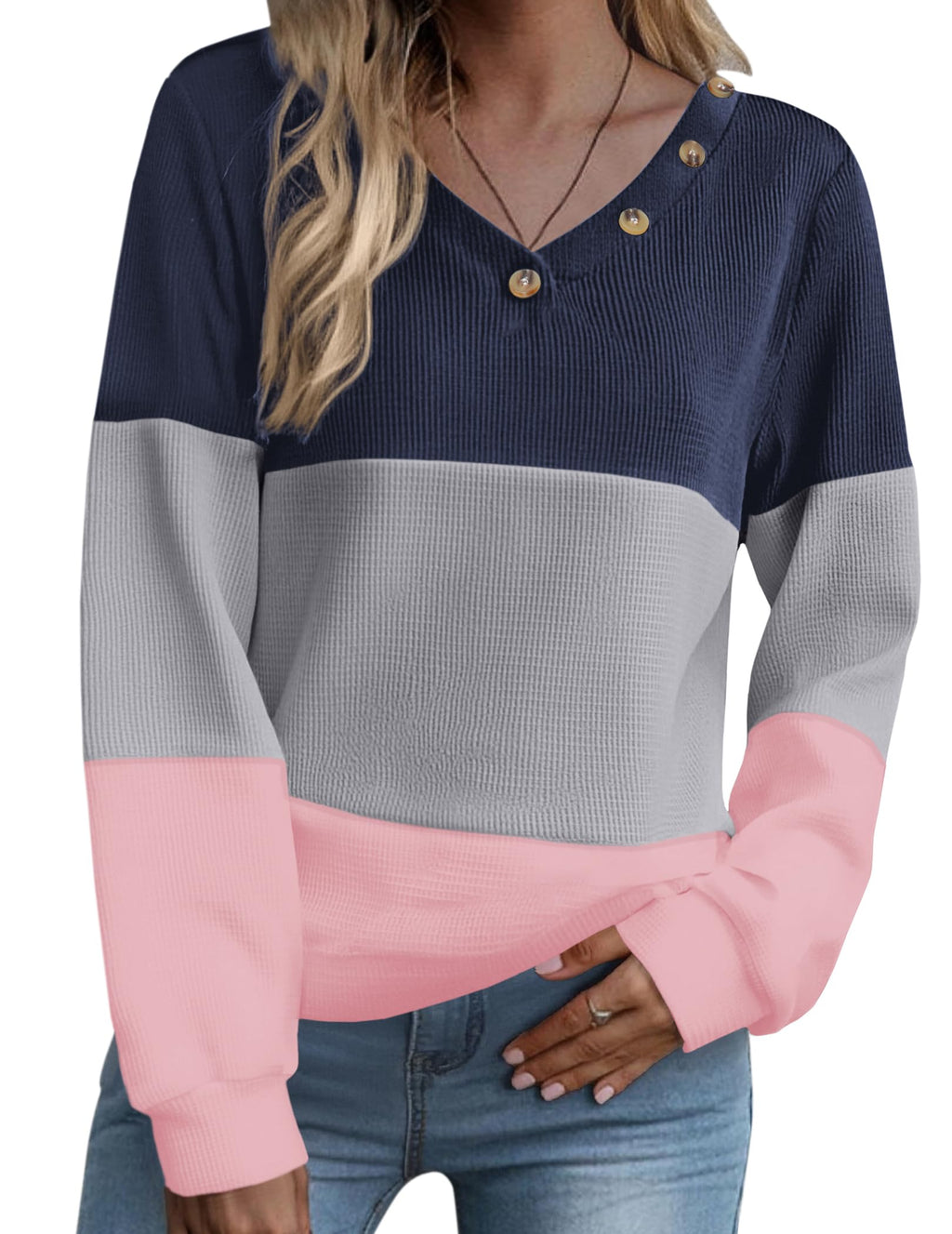Zeagoo Womens Waffle Knit Shirts Fall 2026 Fashion Long Sleeve Color Block Tunics Button Casual V Neck Knitted Tops Decor Trendy Pullover Blouse