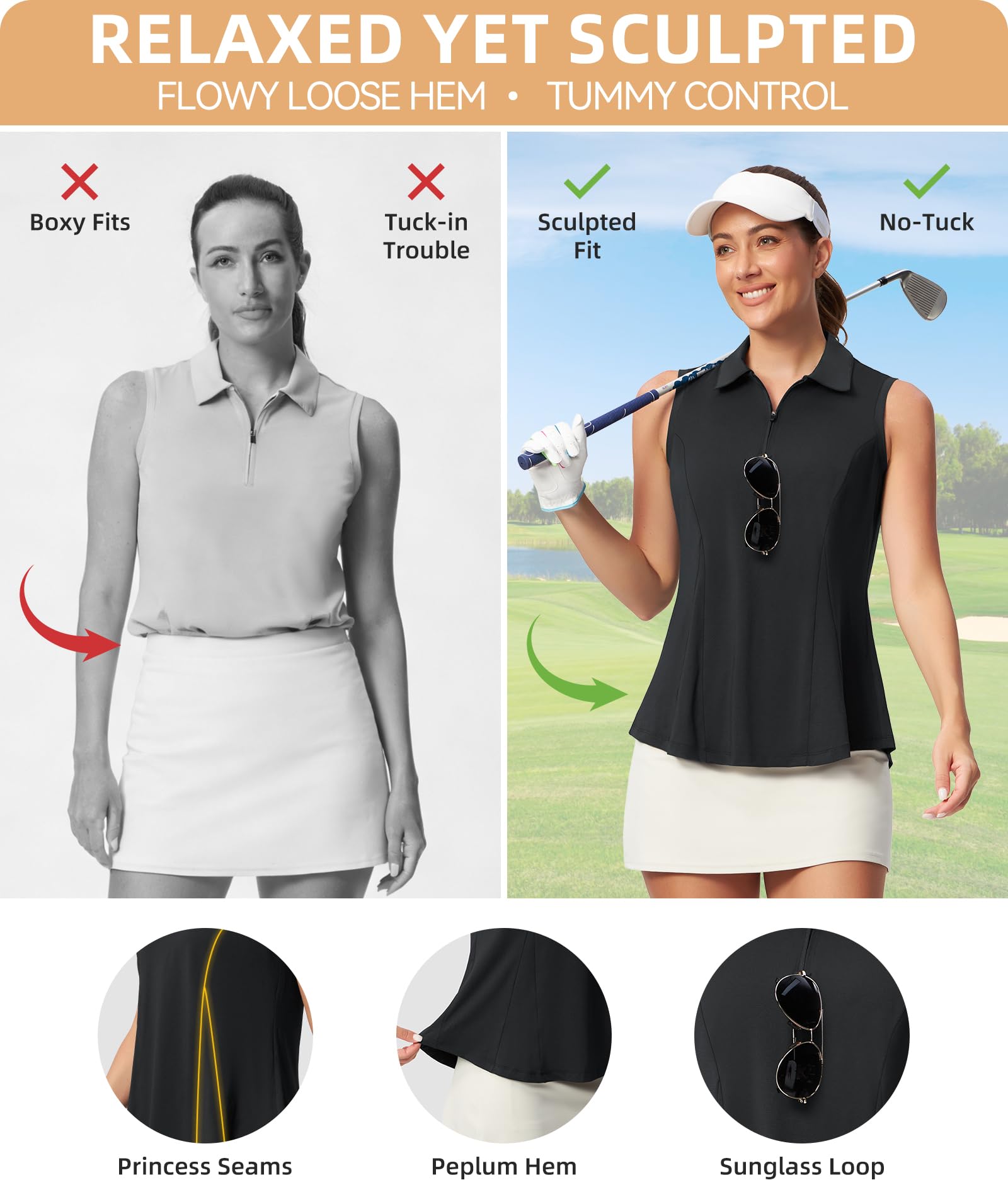 Casei Women's Sleeveless Golf Polo Shirts No-Tuck Peplum with Sunglass Loop