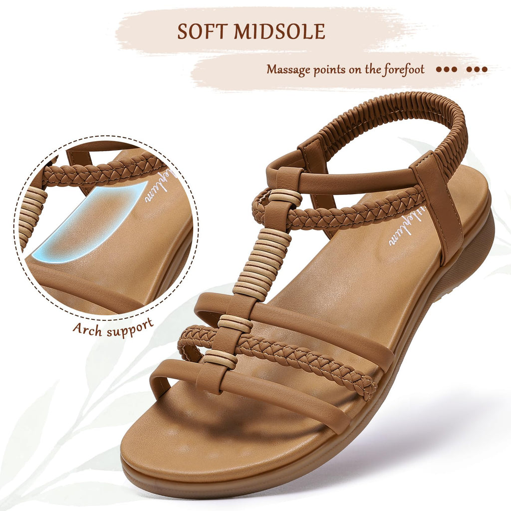 Littleplum Women Flat Sandals Arch Support Handmade Braided Gladiator Sandals Comfy Walking Beach Ankle Elastic Summer Shoes Brown Size 8