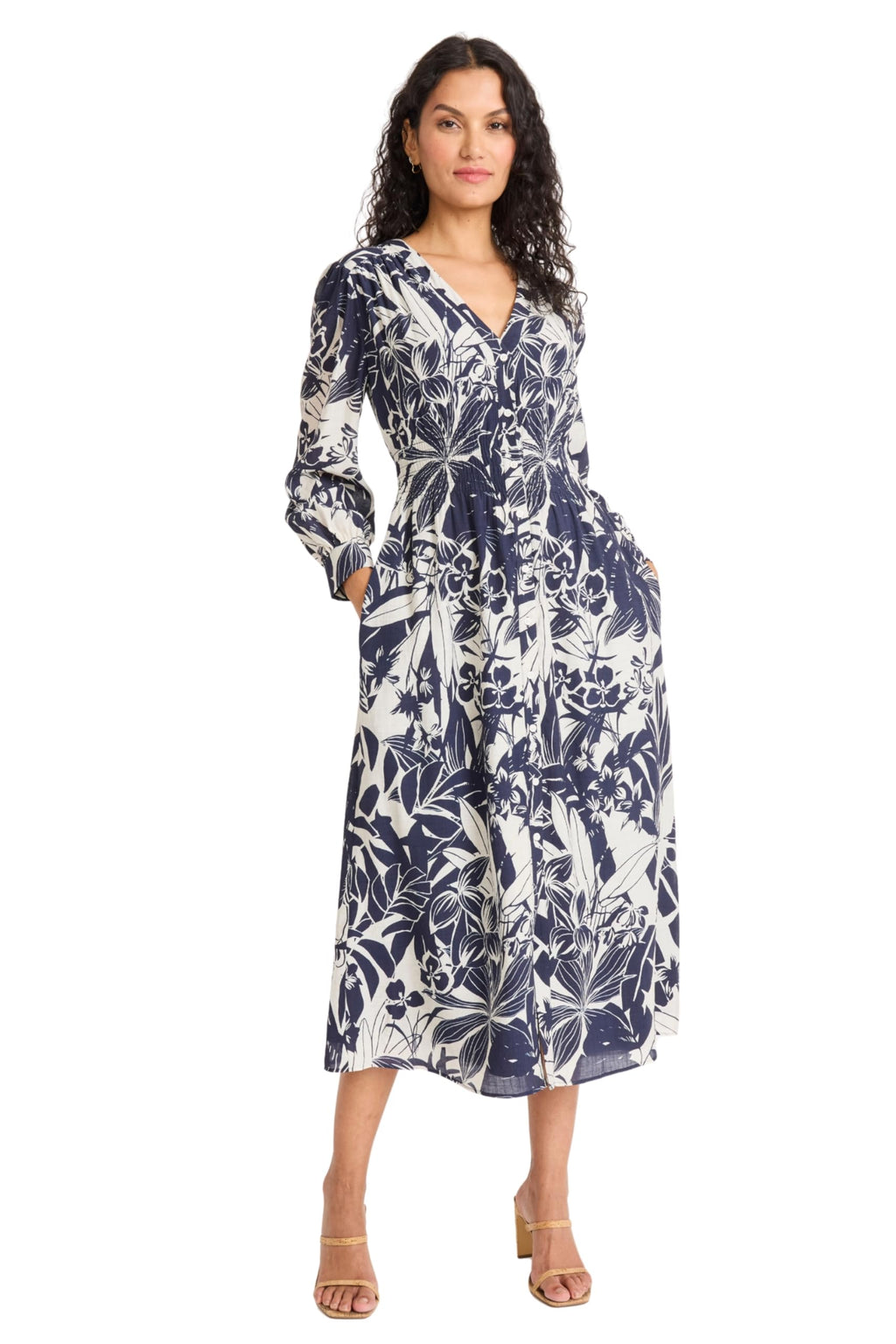 Maggy London - Women's Elegant Floral V-Neck Long Sleeve Midi Dress with Pockets for Wedding Guest & Spring Occasions - Medium