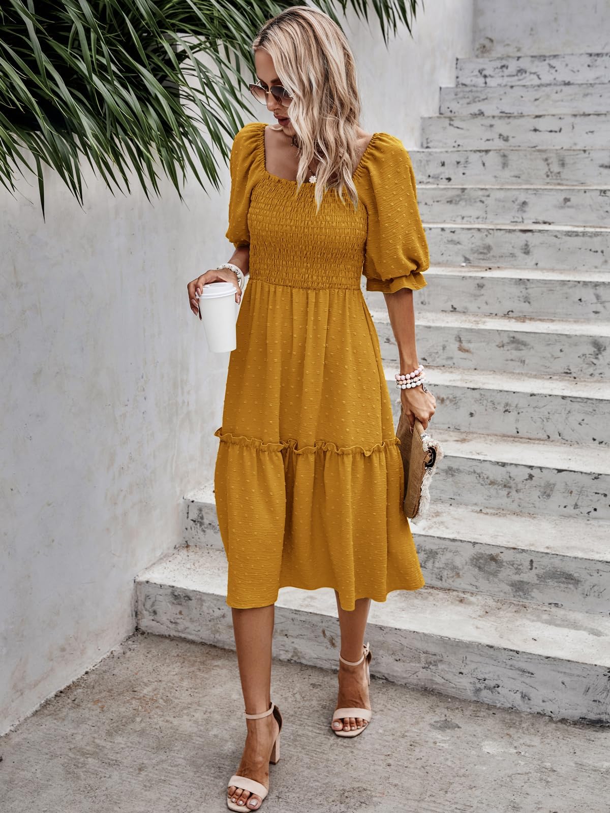 PRETTYGARDEN Women's Summer Casual Midi Dresses 2026 Spring Puff Sleeve Square Neck Smocked A Line Flowy Swiss Dot Beach Vacation Dress (Turmeric,L)