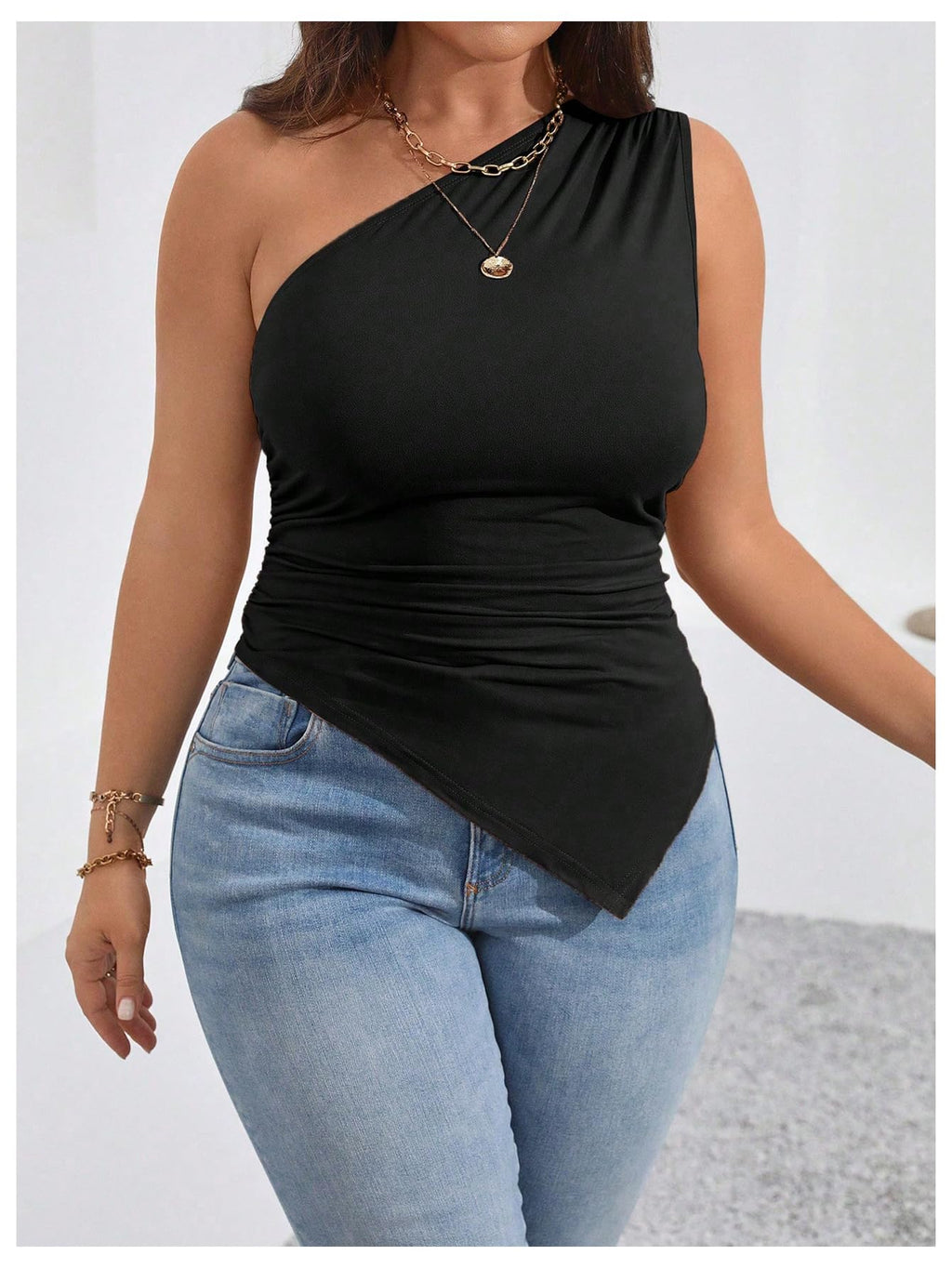 WDIRARA Women's Plus Size One Shoulder Tank Top Ruched Asymmetrical Sleeveless Tops Black X-Large Plus