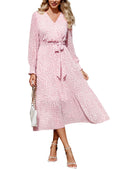 PRETTYGARDEN Women's Floral Boho Dress Fall Long Sleeve Wrap V Neck Ruffle Flowy Maxi Spring Wedding Guest Vacation Dresses (Pink,Small)