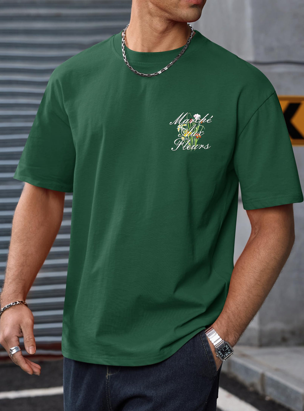 Herberton Mens Designer Stylish Tshirt Spring Cool Tee Loose Fit Baggy Summer Relaxed Youth Y2k 100% Pure Cotton Graphic Print Swag Lightweight Flowers Shirt Forest Green XL