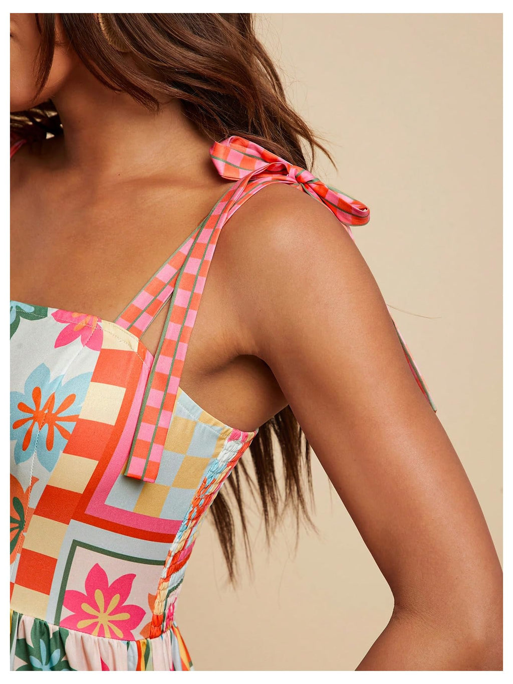 WDIRARA Women's Boho Floral Sleeveless Ruffle Maxi Dress Tropical Graphic Tie Shoulder Smocked Cami Dresses Multicolor Orange Small