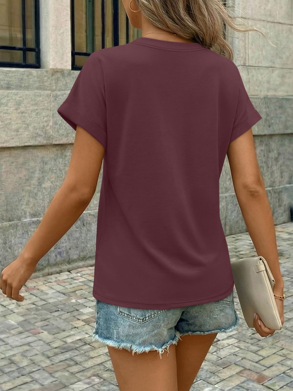 AUTOMET Womens Spring Tops 2026 Short Sleeve Shirts Henley Dressy Casual Blouses V Neck Fashion Tunics Trendy Flowy Clothing Burgundy L