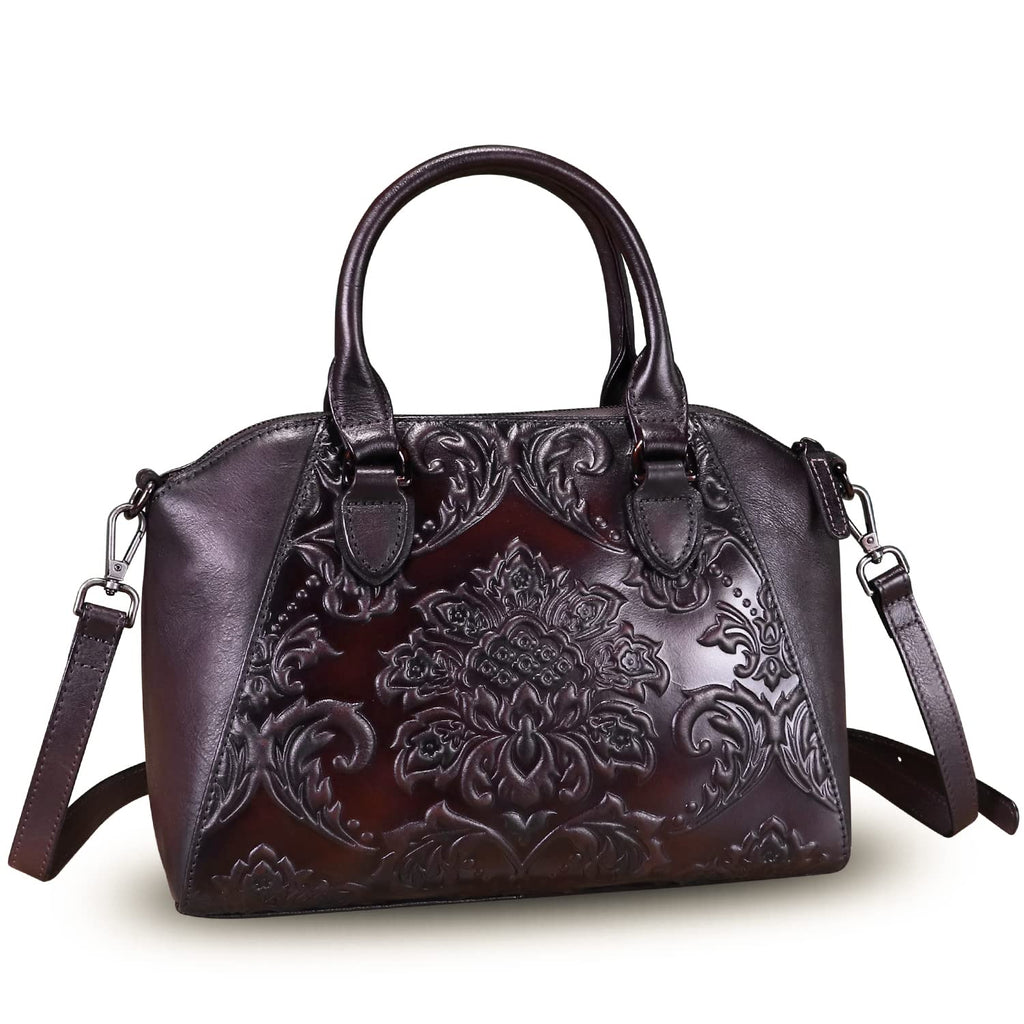 Genuine Leather Satchel for Women Top Handle Bags Handmade Purse Vintage Embossed Leather Crossbody Handbags Hobo Bag (Coffee)