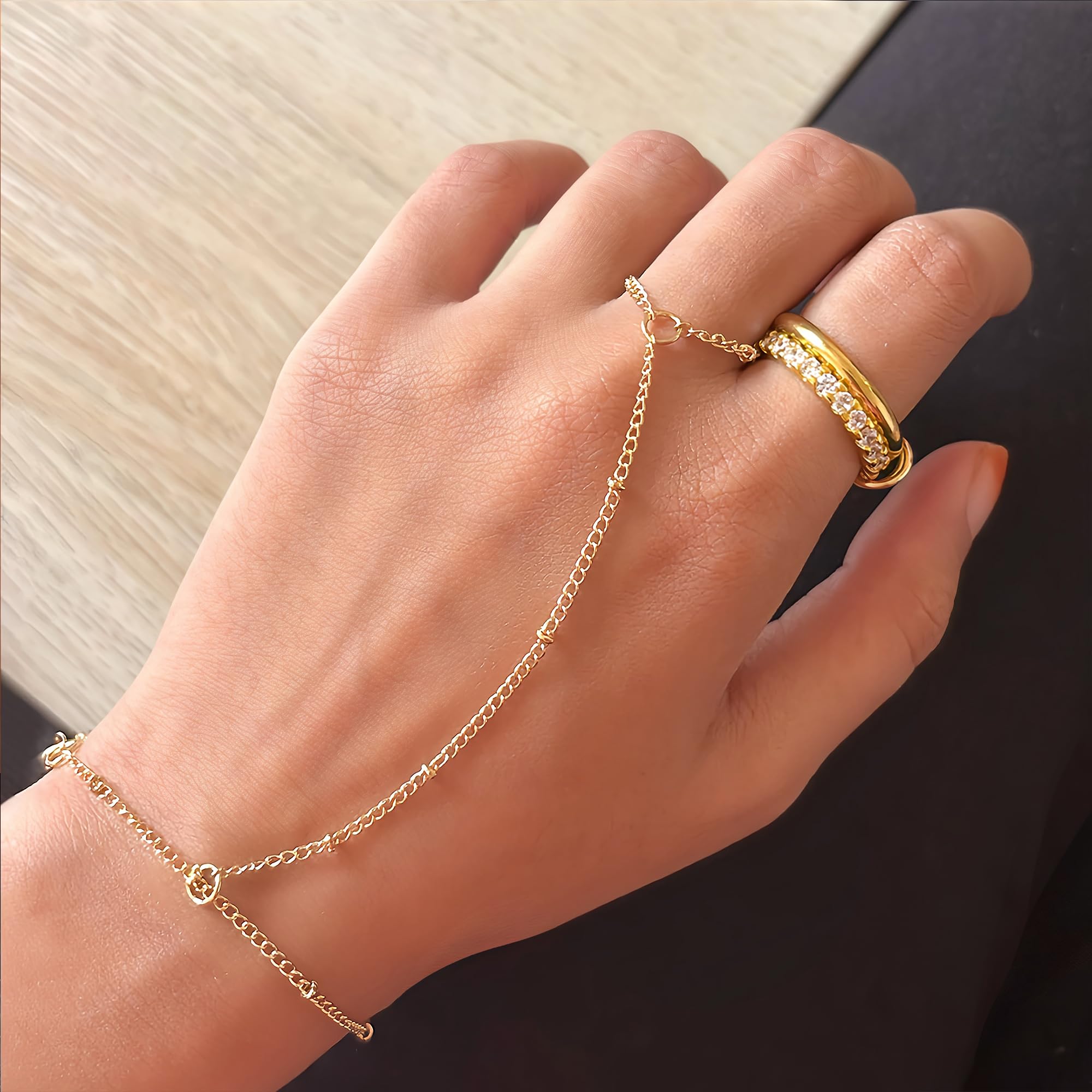 3PCS 14K Gold-Plated Hand Chain Bracelets for Women, Stack Bracelets Set Adjustable, Dainty Ring Bracelet Hand Chain