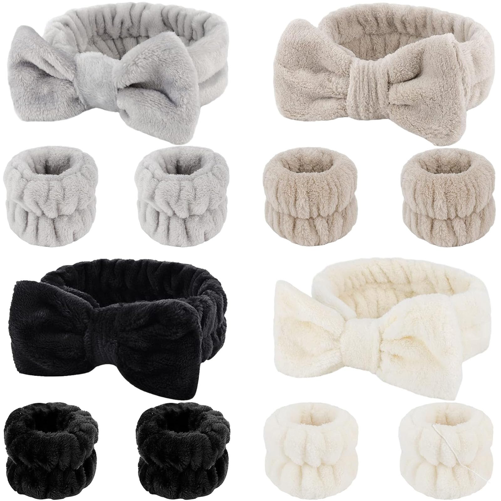 SLNZAPTY 12 PCS Face Wash Headband Wristband Set for Women, Microfiber Spa Hair Wraps for Girls, Makeup Skincare Headbands Wrist Bands for Washing Face（Black, Gray, Light coffee, Beige）