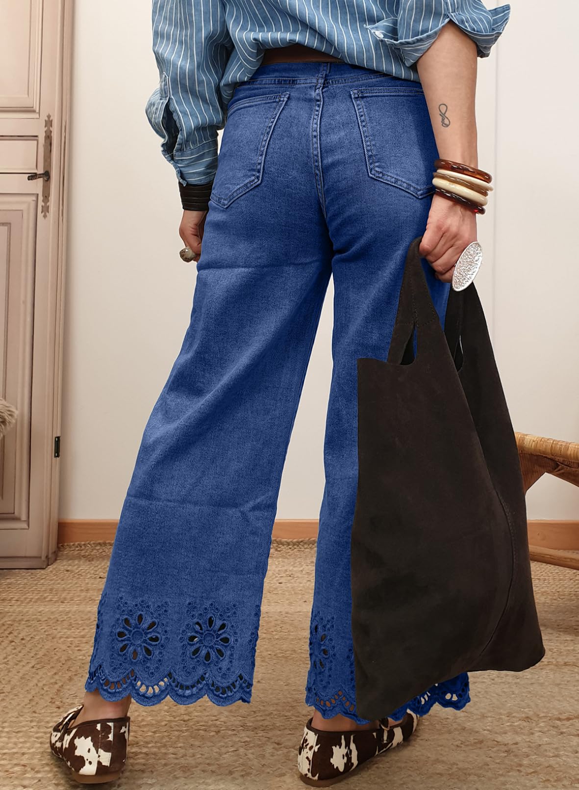 Sidefeel Womens Wide Leg Embroidered Jeans High Waisted Stretchy Straight Leg Loose Fit Ankle Denim Pants Dark Blue Size 10
