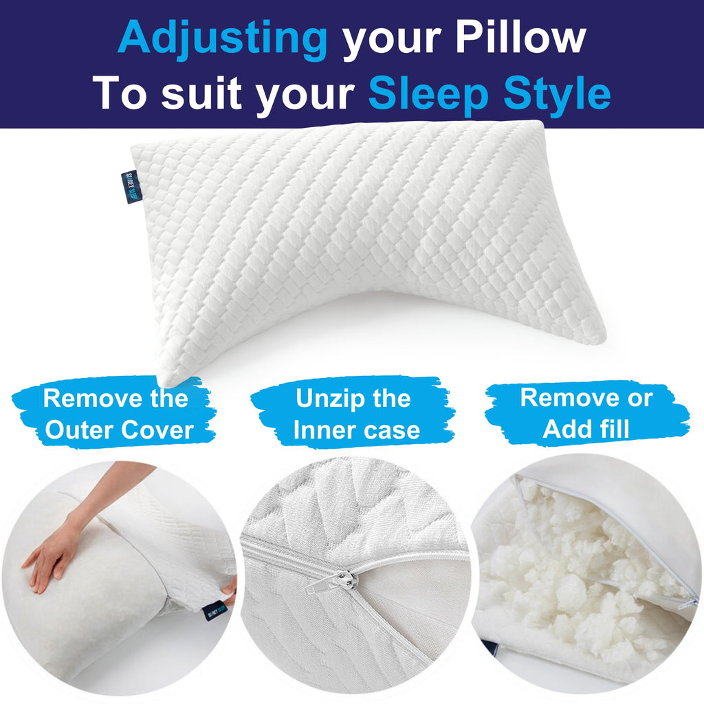 Sidney Sleep Adjustable Curved Pillows for Neck and Shoulder Support with Extra Shredded Fill - Cervical Contour Pillow for Side and Back Sleepers - Queen Size 19" x 29" CertiPUR-US Certified (White)