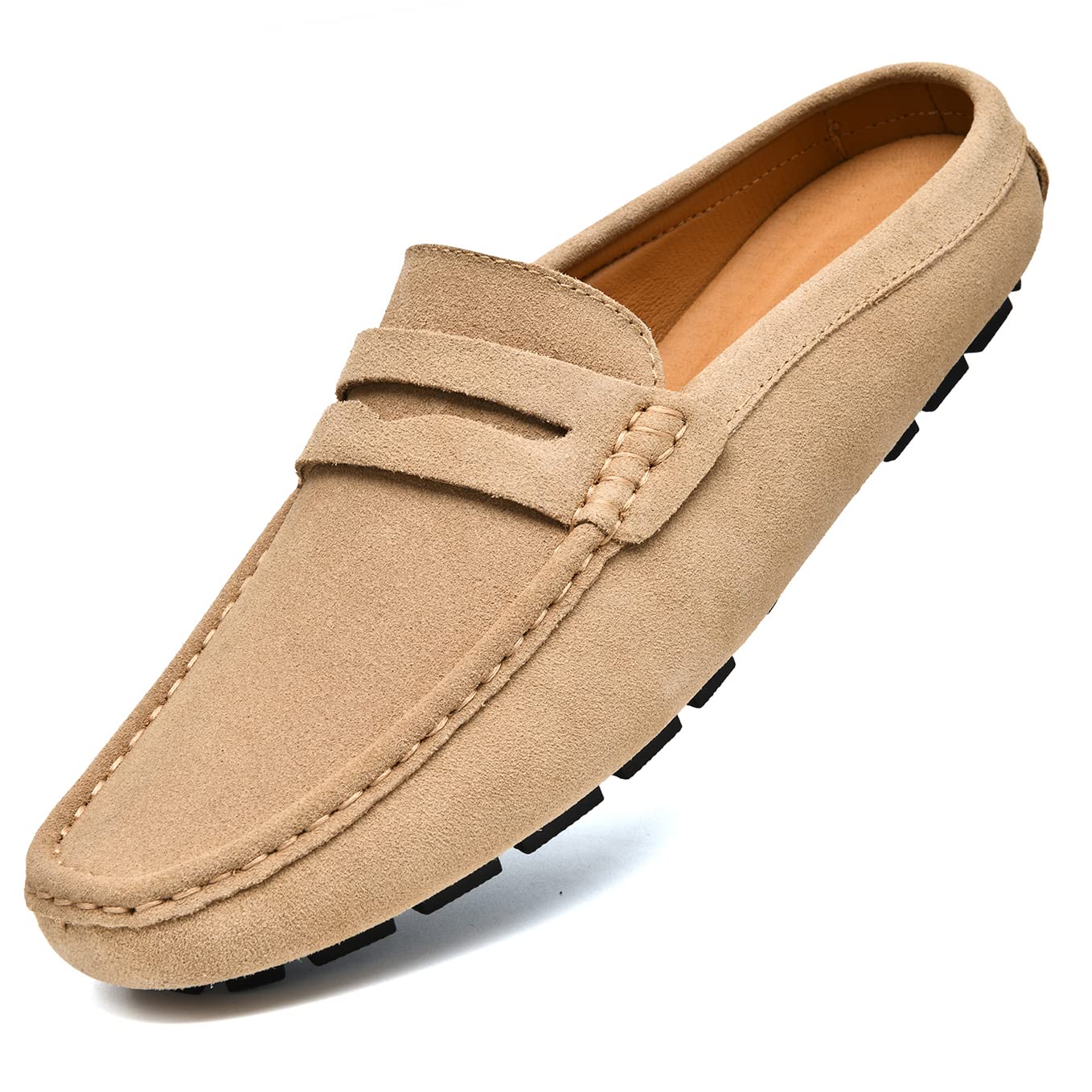 Go Tour Mens Handmade Suede Leather Mules Clog Slippers Breathable Leather Slip on Shoes Casual Loafers Beige 11/46