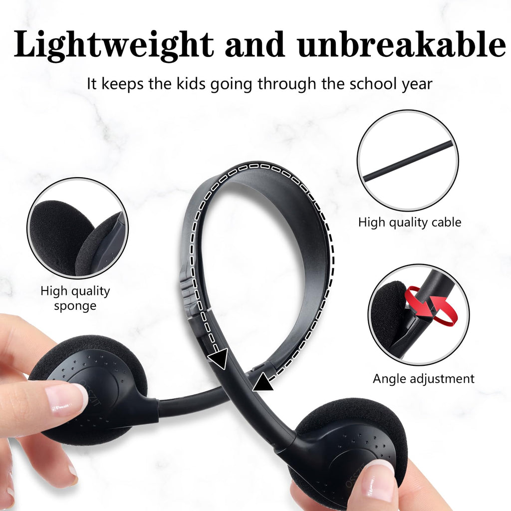 OSSZIT 30 Pack Class Set Headphones for Kids Students School Classroom Headphones Bulk Earphones Adjustable with 3.5 mm Jack for Library Children Adults (Black Color)