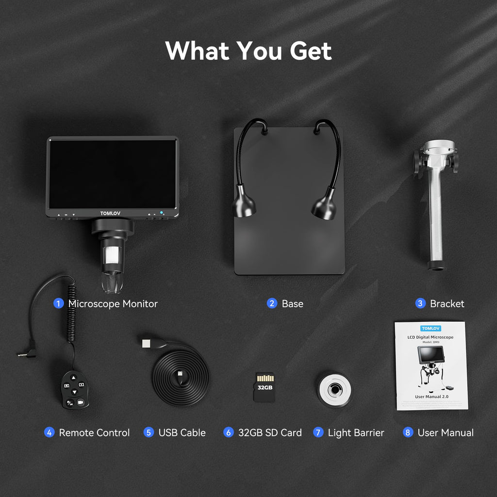 TOMLOV DM9B 7" Digital Microscope: 1080P 1200X Coin Microscope Magnifier, 12MP Ultra-Precise Focusing LCD Soldering Microscopes for Adults, PC View, 32GB, Black