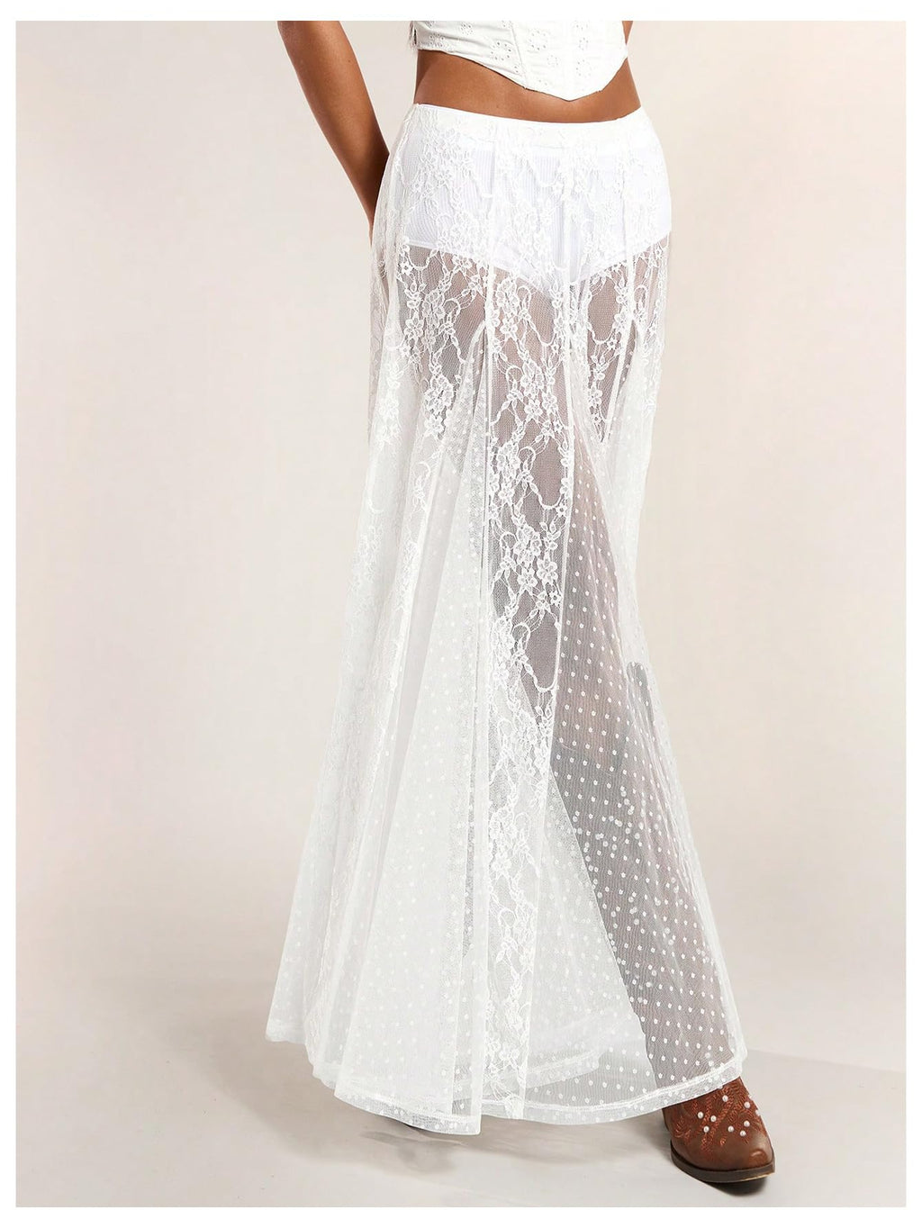 WDIRARA Women's Sexy See Through Sheer Lace Maxi Skirt Low Waist Ruffle Hem A Line Flowy Skirt White X-Small