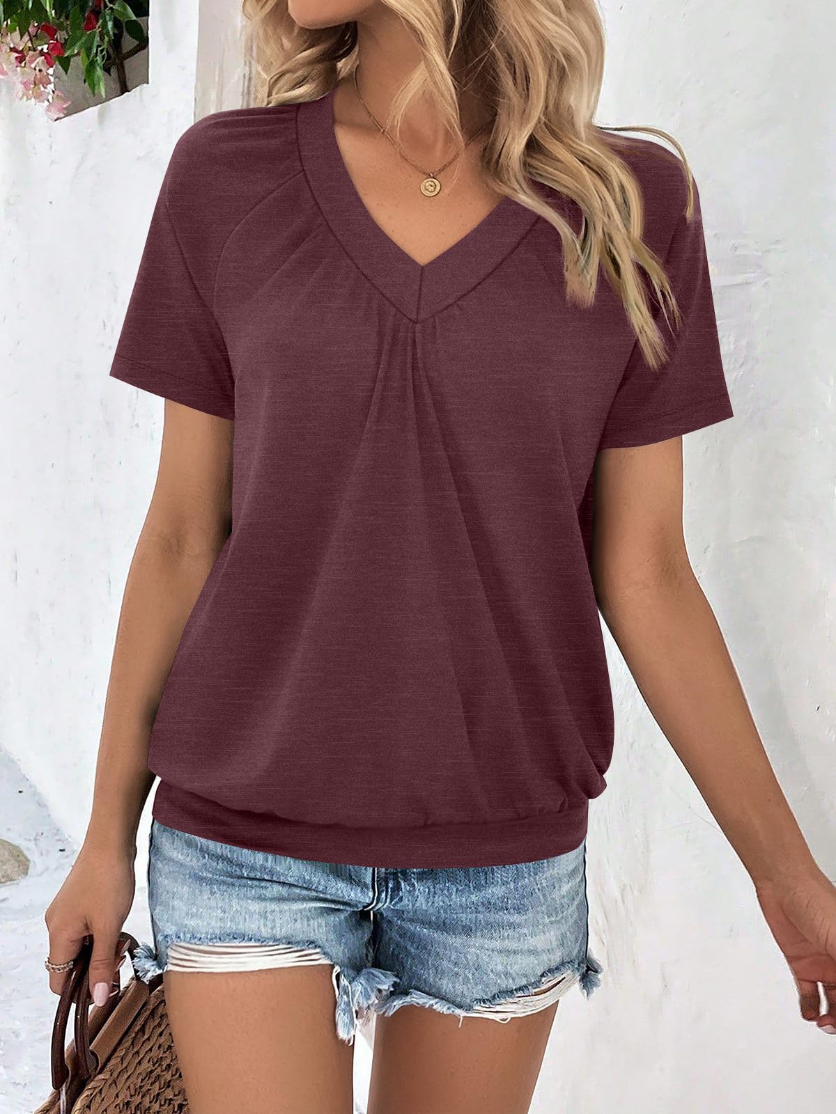 AUTOMET Womens Tops Short Sleeve V Neck T Shirts 2026 Summer Spring Beach Vacation Clothes Casual Loose Ruched Top WineRed L