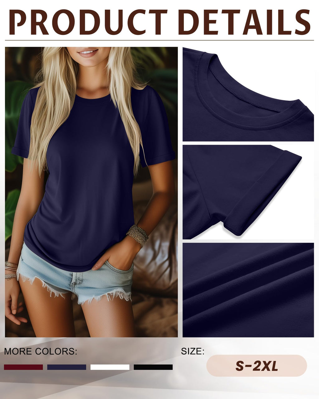 Ficerd 4 Pack Women's Cotton T Shirts Casual Short Sleeve Tunic Tops Crewneck Plain Summer Loose Fit Rolled Sleeve Basic Tee(Black, White, Navy Blue, Wine Red,XX-Large)