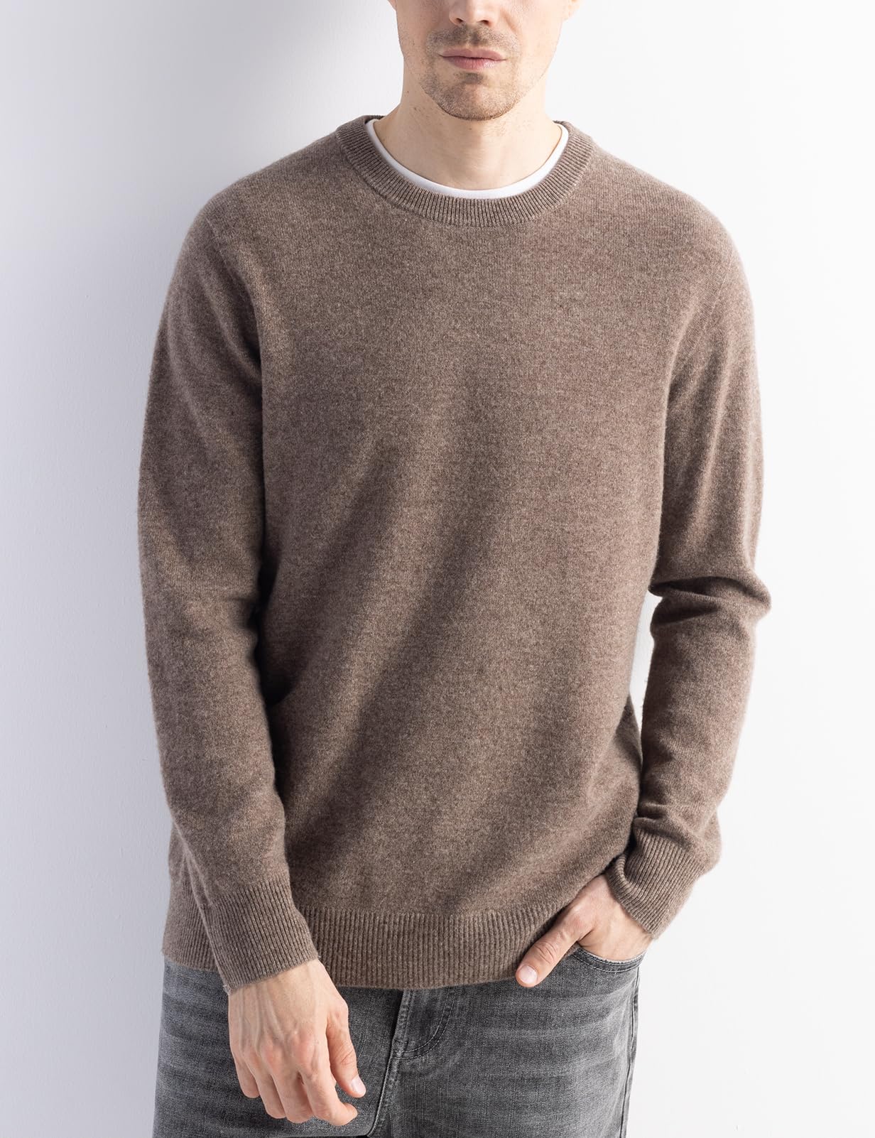 Chanyarn Men's 100% Merino Wool Sweater 2025 Fall Winter First-Line Ready to Wear Crew Neck Long Sleeve Seamless Knit Sweater (Brown,L)