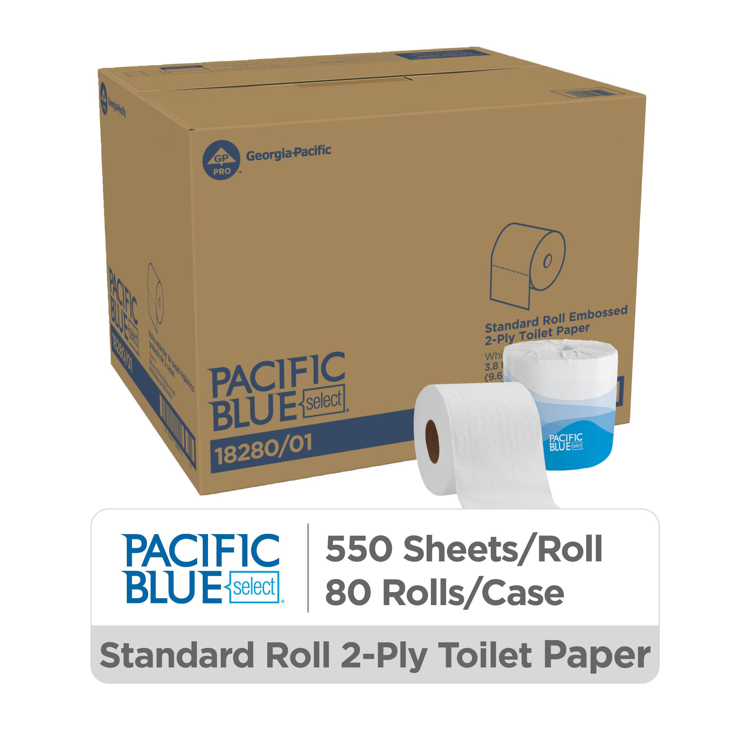 Georgia-Pacific Blue Select 2-Ply Embossed Toilet Paper, 18280/01, 550 Sheet Per Roll, 80 Rolls Per Case