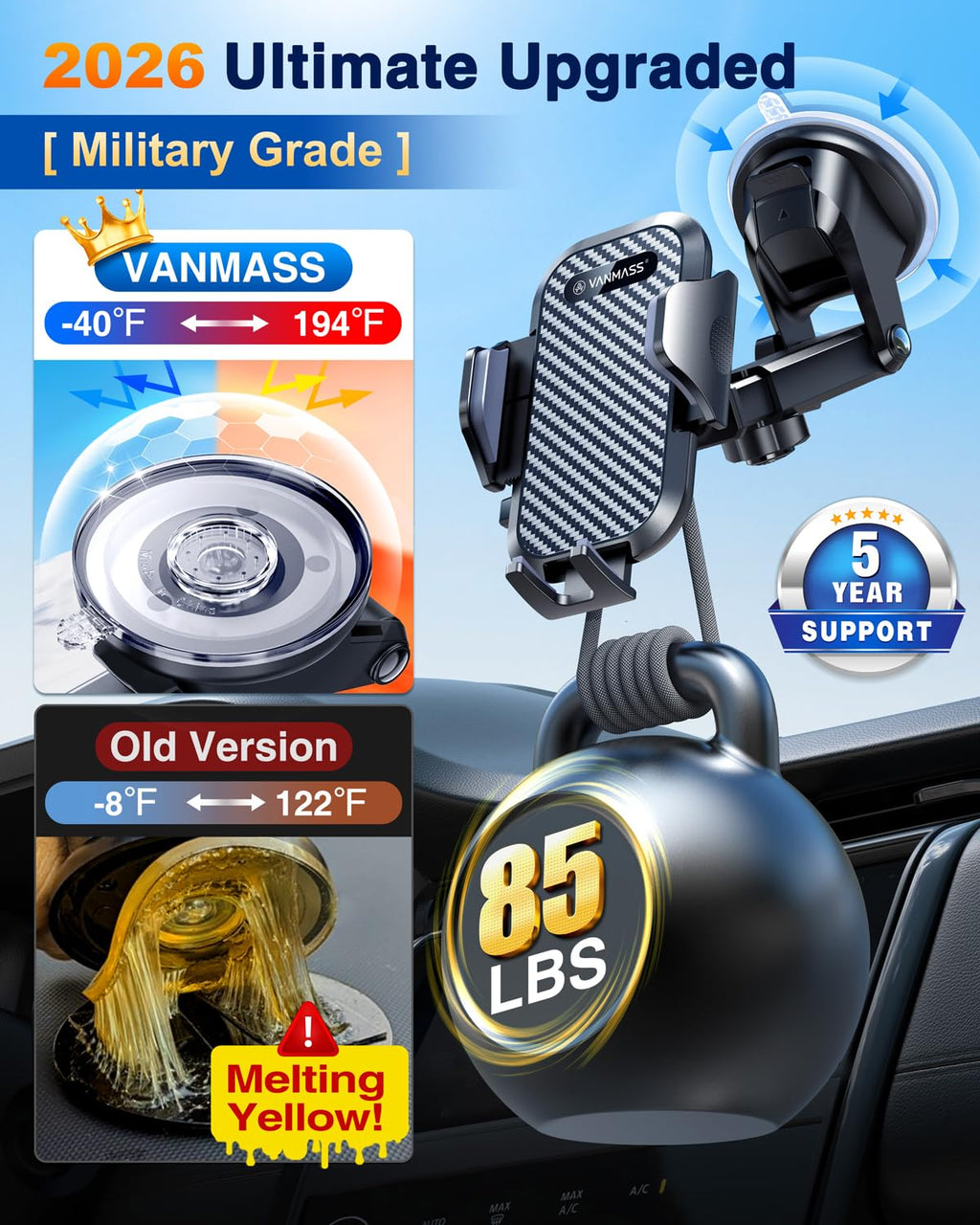 VANMASS Car Phone Holder 2026 Ultimate Military-Grade Phone Holder for Your Car Windshield Dashboard【Newest Best Strongest】 Cell Phone Car Mount with Patent & Safety Certs for iPhone Samsung Android
