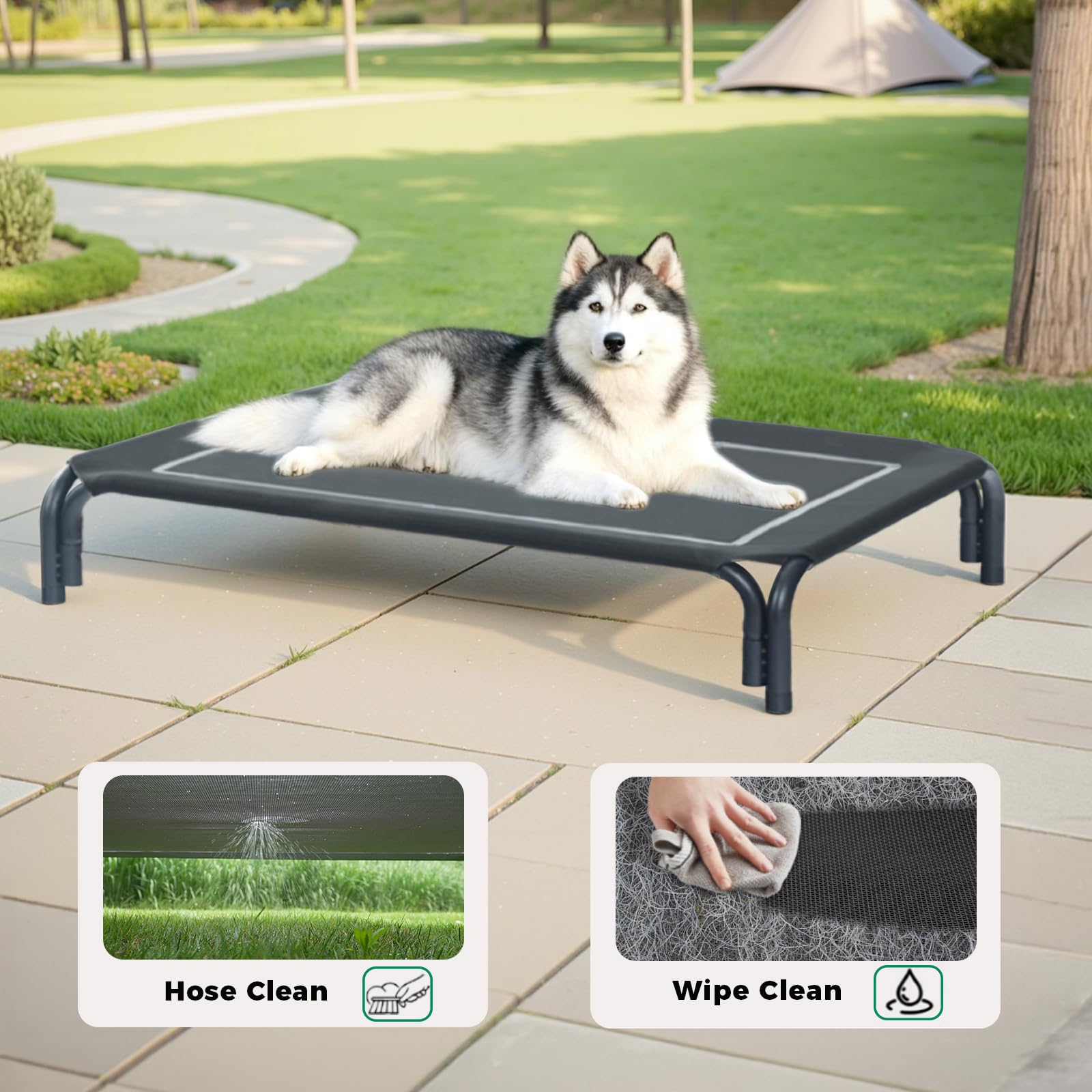 Elevated Dog Bed Raised Outdoor Dog Cot for Large Dogs, Installation Requires No Tools, Frame with Washable Cooling Breathable Mesh Anti-Slip Feet, Indoor Pet Bed, Black, 43.3 Inches