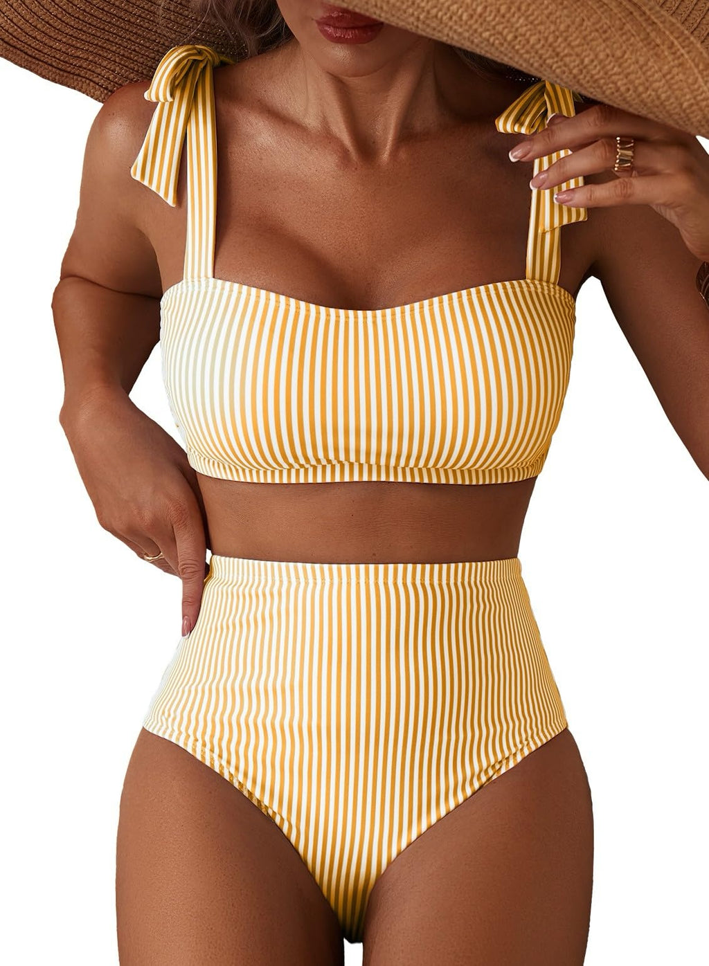 Herseas Women's Striped Bikini Set Shoulder Strap Knot Padded Summer 2026 Swimsuits High Waisted Tummy Control Bathing Suits Cute Beach Outfits X-Small