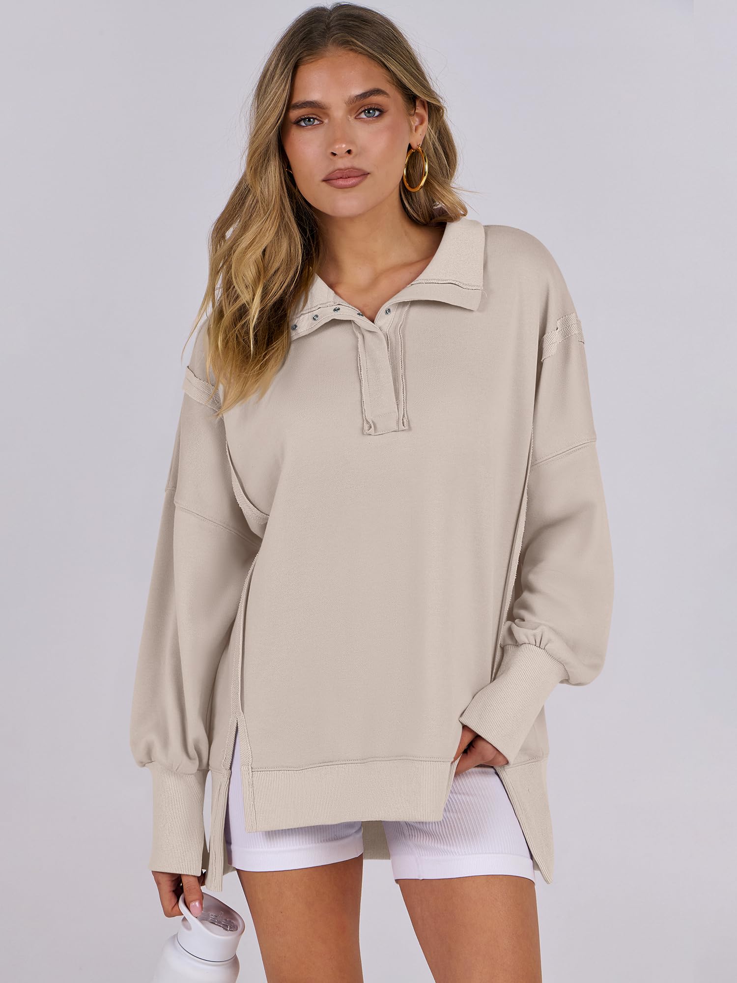 ANRABESS Women's Sweatshirts Oversized Casual Loose Button Up Henley Pullover Top High Low Split 2025 Fall Fashion Outfits Apricot Medium