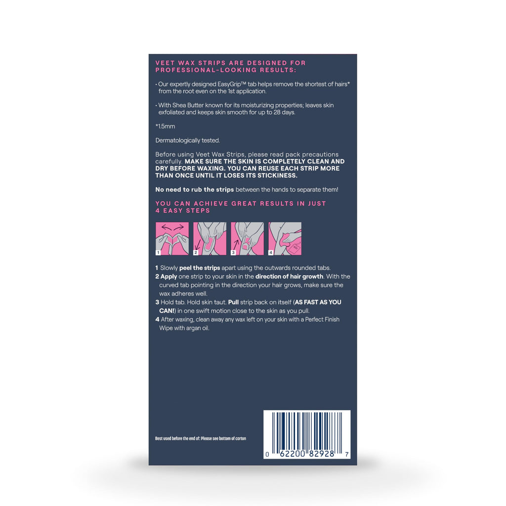 VEET Sugar Wax Strips For Women's Body Hair Removal, Bikini Hair Removal Kit, Pubic, Dermatologically Tested For Body & Intimate Areas, 40ct Wax Strips with Shea Butter & 4ct Wipes