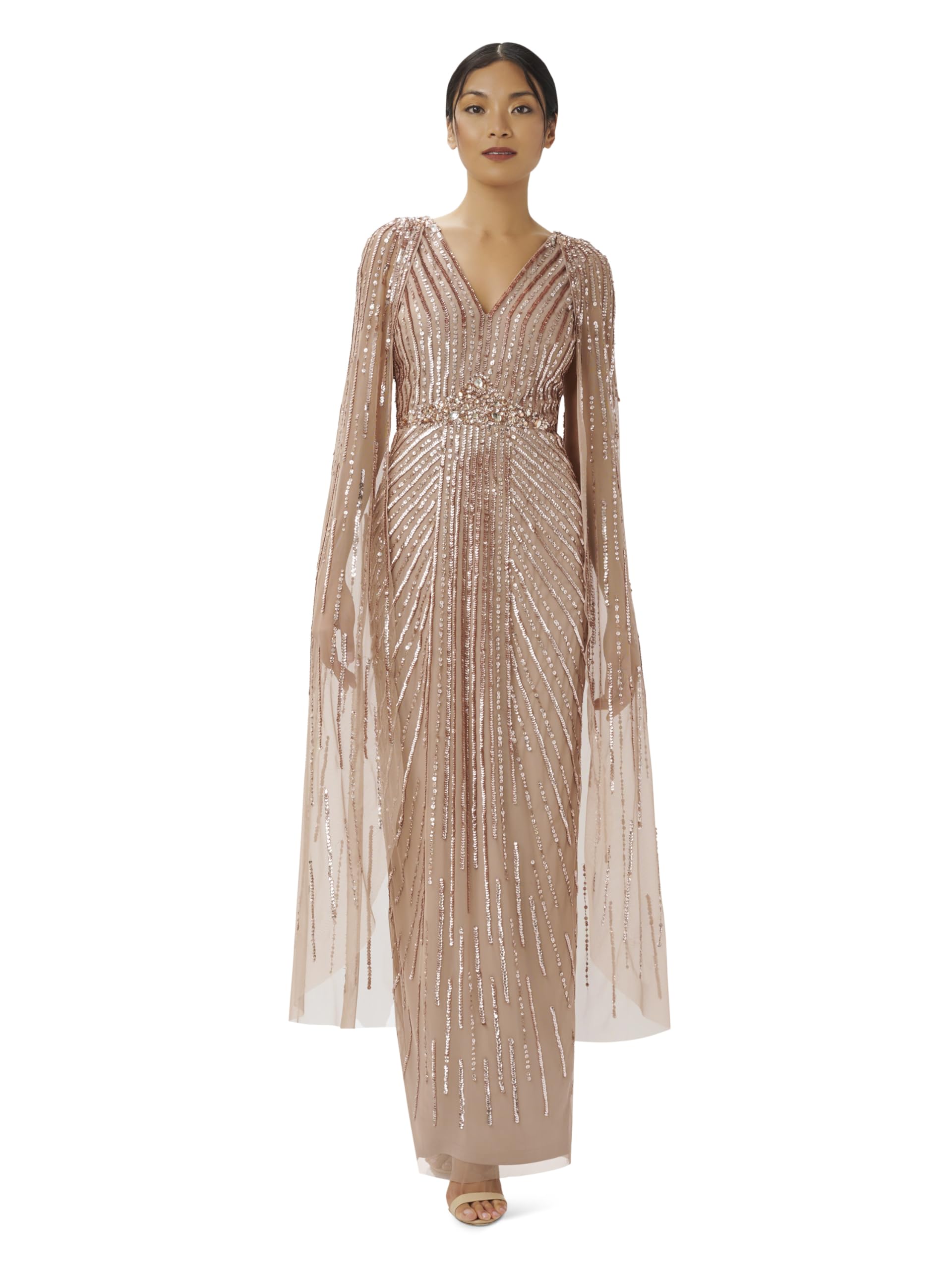 Adrianna Papell Women's Beaded Cape Long Dress | Floor Length Embellished Gown with Fitted Bodice & Long Dramatic Cape