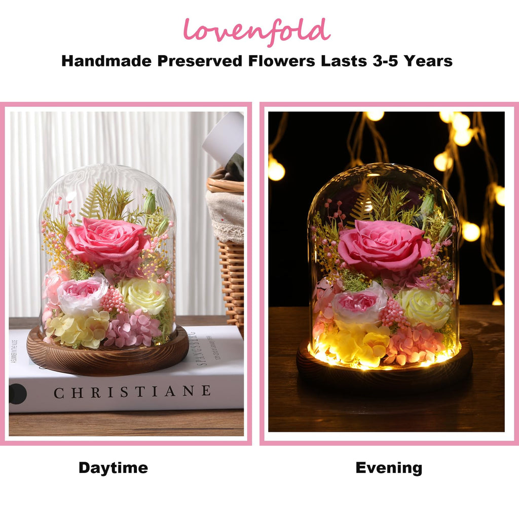 LOVENFOLD Flowers for Delivery Preserved Flowers Pink Roses with LED Light in a Glass Dome,Long Lasting Forever Flowers Birthday Gifts for Women Daughter Mom Wife Friend（Pink Rose）